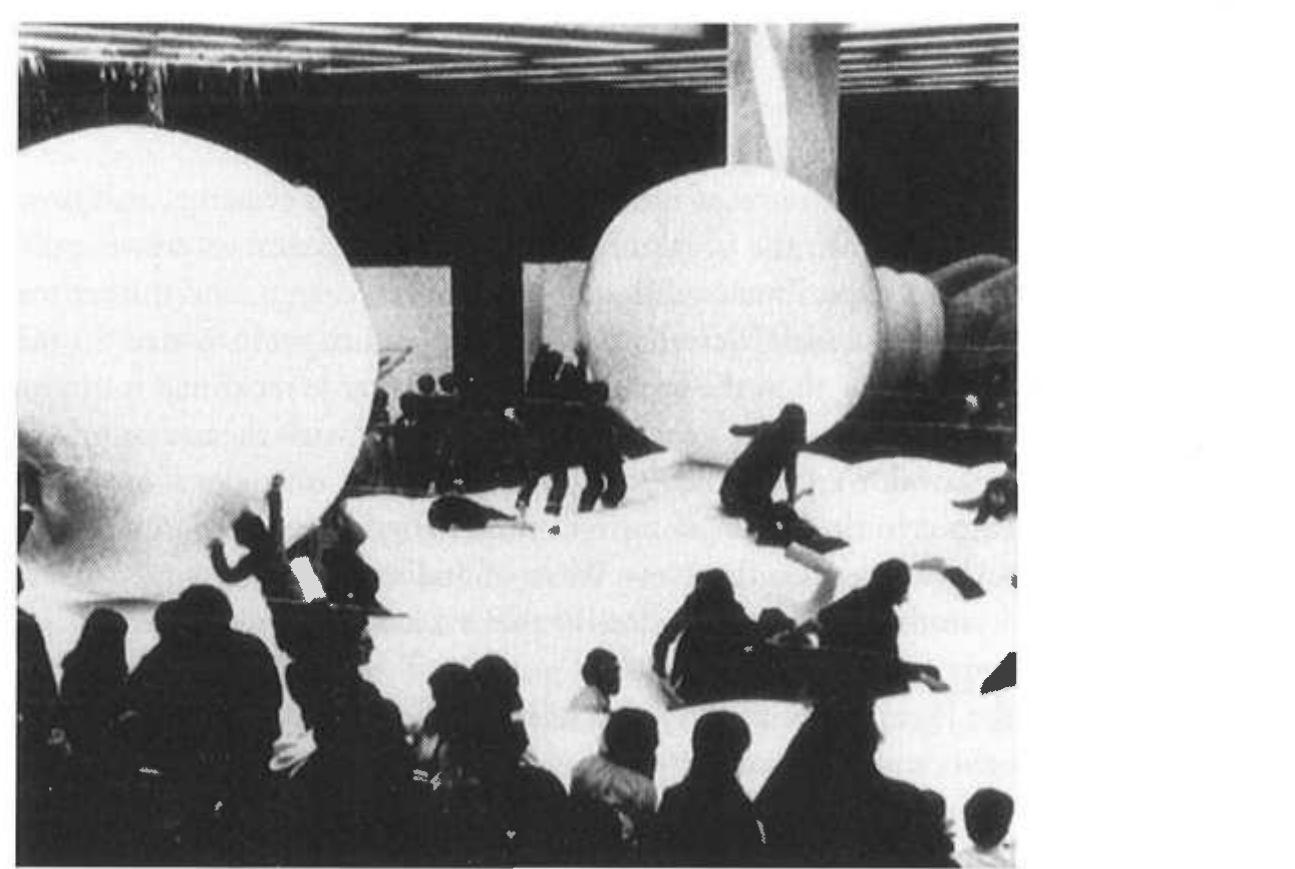 softening the architectural interface. Inspired by the wild bodily release of Viennese Actionism and an urge to continue reconstructing a social realm shattered by Nazism,” the architects of Coop Himmelblau and Haus-Rucker-Co let the public loose in spaces filled with giant inflatables and foam (Figure 12.6). The extreme transitoriness of tensile and pneumatic structures offered amazing possibilities for the refiguring of social space. In 1967-1968 the neo-Marxists of the Utopie group fell upon pneumatics as a cheap and quick way for the revolutionary class to collectively occupy space.”* Meanwhile, Mike Webb's graphic depiction of joyous intercourse between two wearers of his Suitaloon (1967) showed how individuals were at liberty either to withdraw from mass society into a private cocoon or associate with others.” 