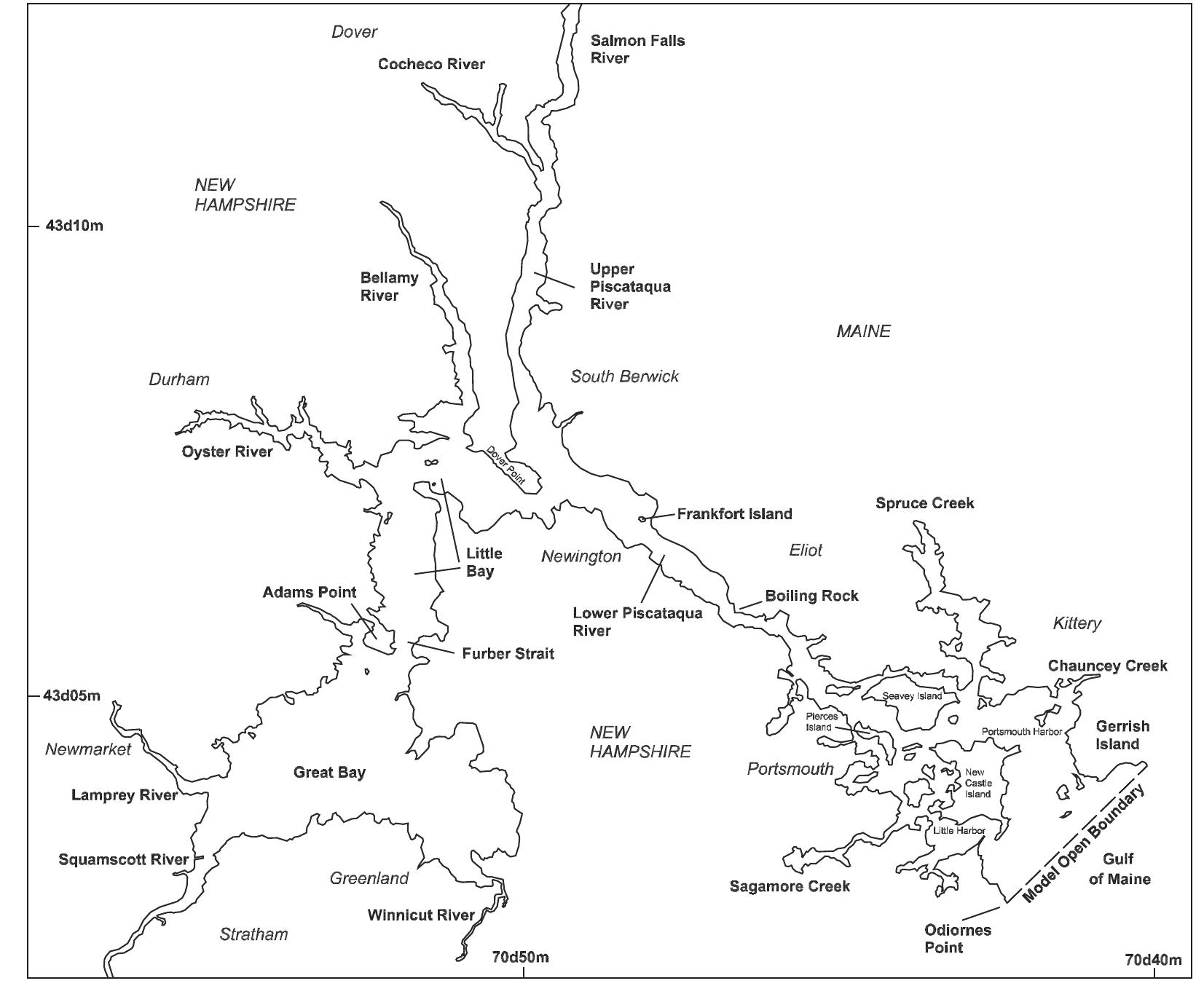 figure 1. A location map of the Great Bay Estuarine System. The dashed line denotes model open boundary. 