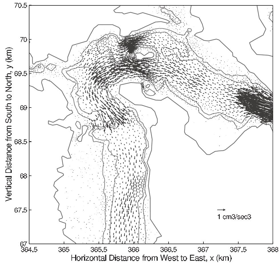 Figure 10. Model residual sediment transport in Little Bay. See color version of this figure at back of this issue.  [29] The landward transition from ebb to flood dominance may be due to the partially progressive nature of the tidal wave, which is characterized by flood currents at the crest (as well as ebb currents at the trough). Over shallow areas the flooding current at high water dominates since the low-water ebb is more restrained by bottom friction or may be missing altogether because of drying. The net volume transport into the estuary over the shallow boundary areas must then be balanced by outward residual current in the main channel. Similar situations have also been observed in other estuaries that are shallow with respect to their tidal range [see Friedrichs and Madsen, 1992; Bowers and Al-Barakati, 1997; Li and O'Donnell, 