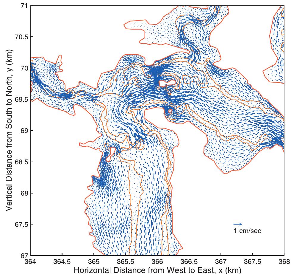 Figure 8. Residual Mp) velocity in Little Bay. The inner isoline is the 7 m isobath, and the outer is the 3 m isobath. 