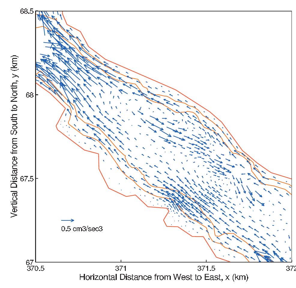 Figure 12. Model residual sediment transport in midsection of Piscataqua.  Figure 13. Model residual sediment transport in the Lower Piscataqua and Portsmouth Harbor. 