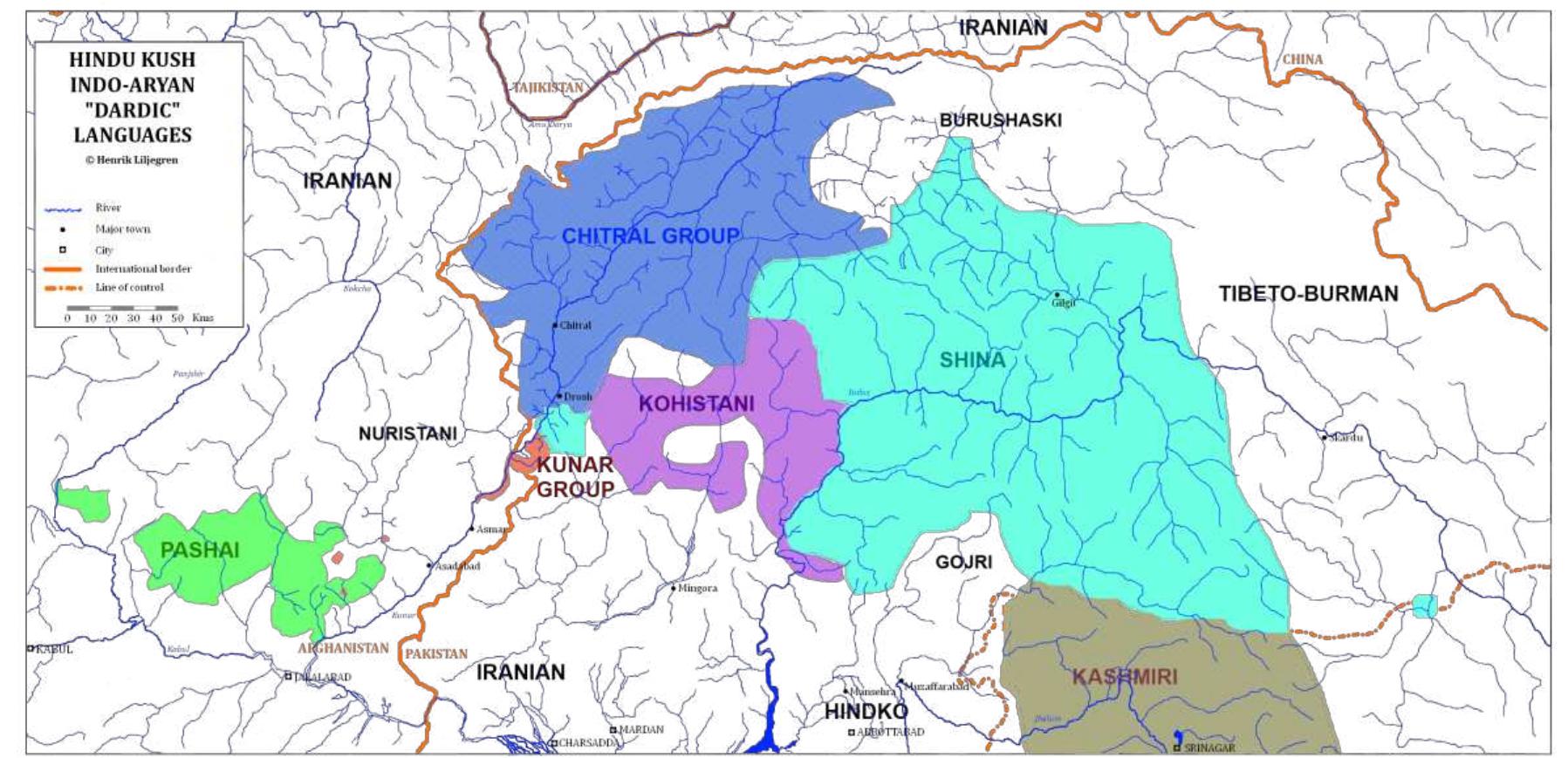 Map over hindu kush indo-aryan “dardic” languages which