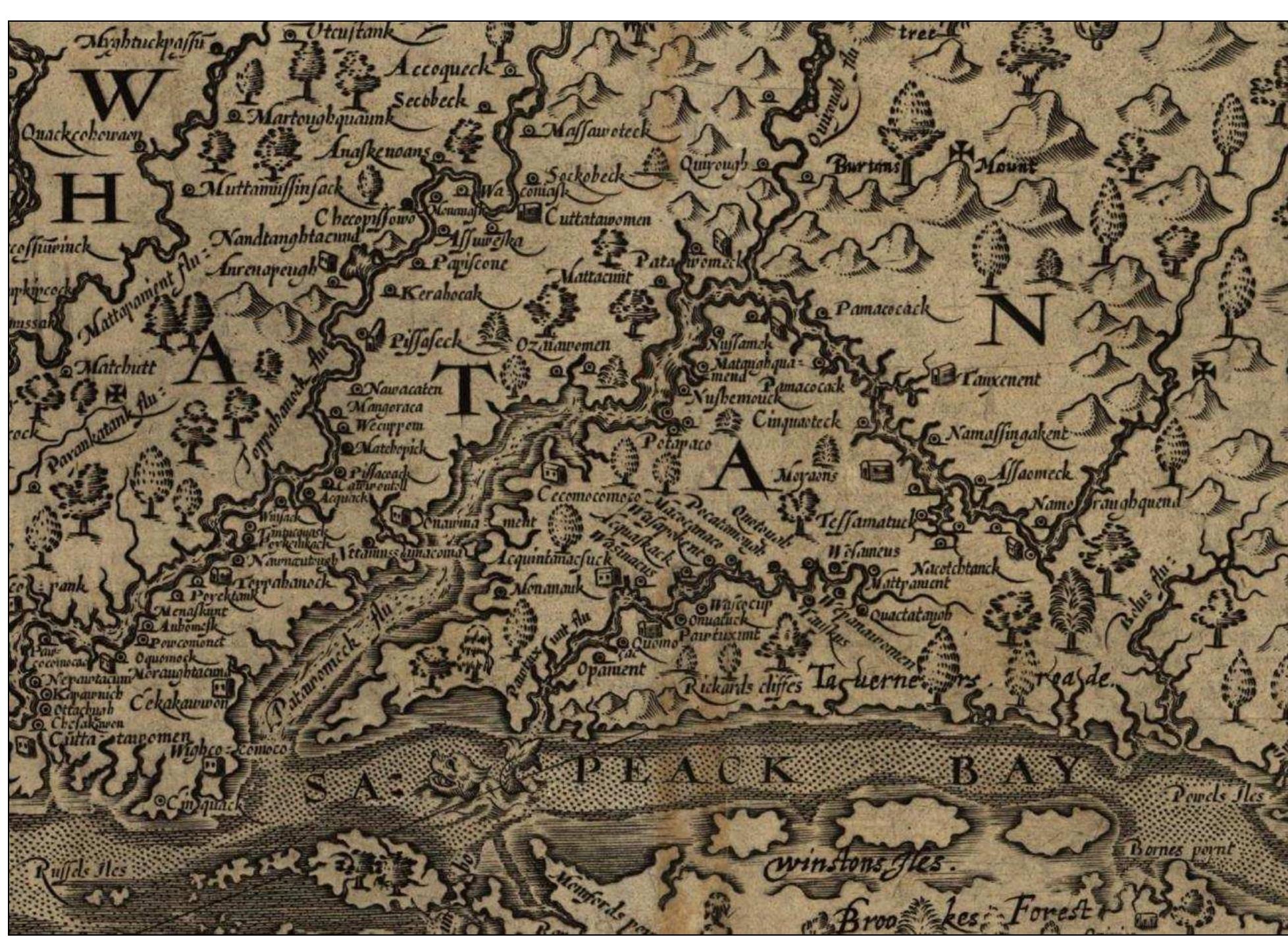 Figure 2. John Smith’s Map of Virginia, 1608 (published 1612), showing the Potomac River drainage. 