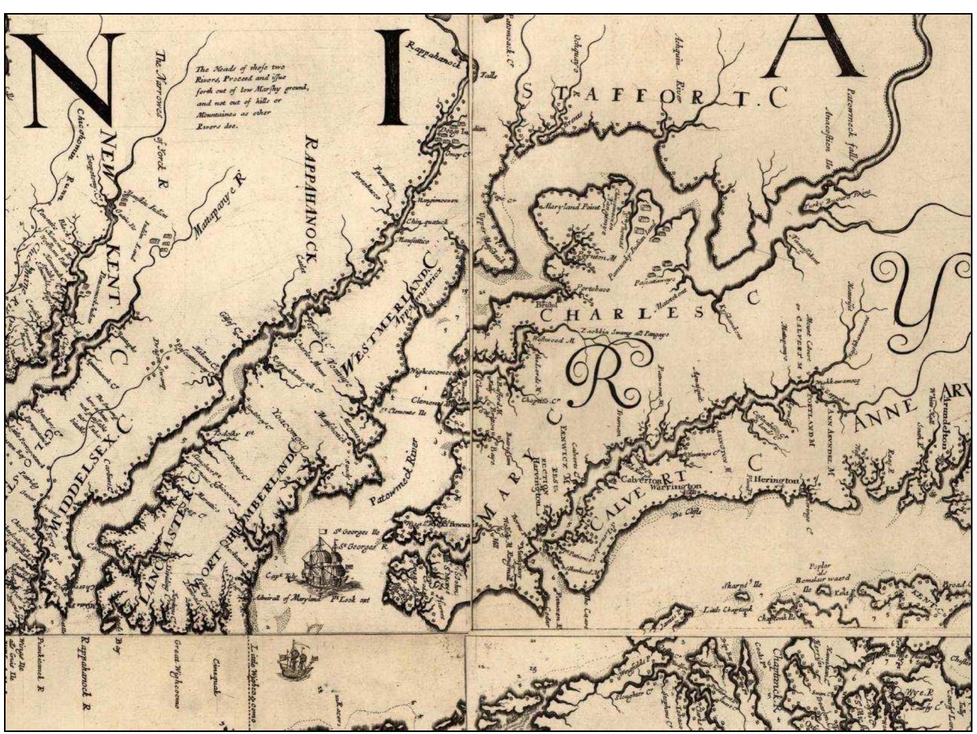 Figure 3. Augustine Herrman’s Map of Maryland and Virginia, 1670 (published 1673) showing the Potomac River. 