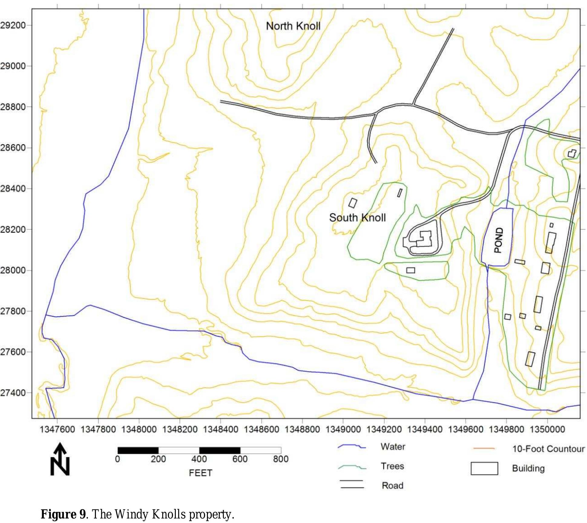 Historically, the surveyed portion of the Windy Knolls parcel has been in agricultural use although, beginning in the 1970s, the southern knoll was developed with a single family home. USDA photographs indicate that, in 1963 and probably for many years, even the knoll slopes were cultivated (Figure 10). The property is accessed by old farm roads. One of these roads provides access to the 