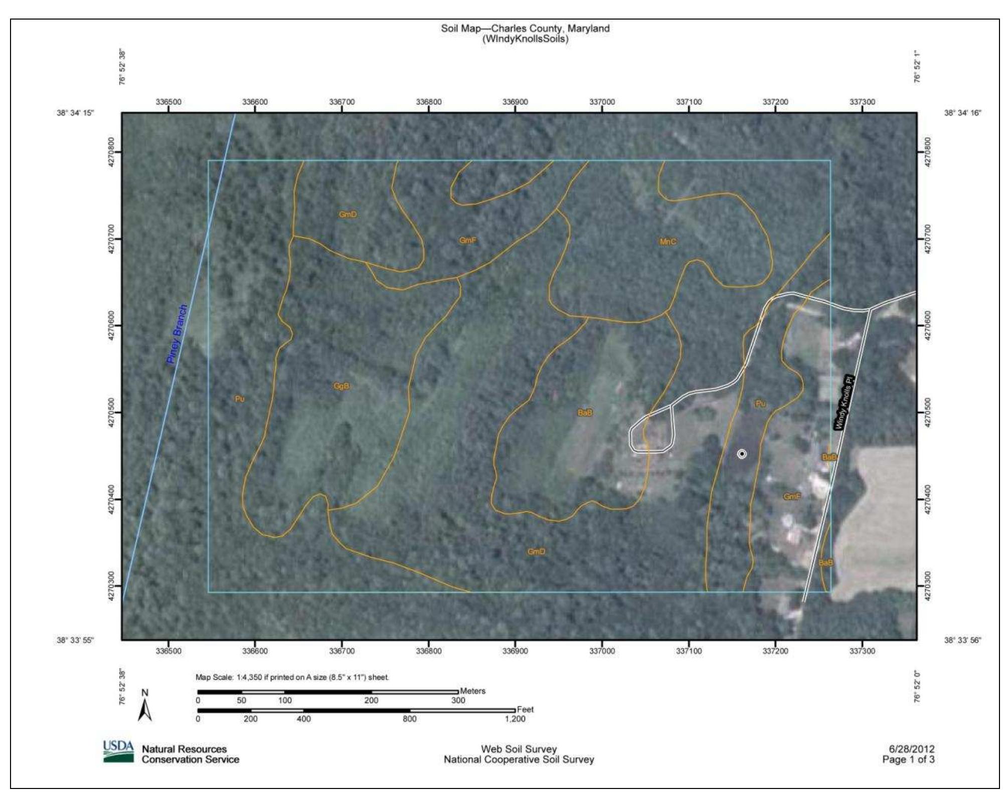 Figure 17. Soil types at the Windy Knolls property; BaB: Beltsville silt loam, 2 to 5 percent slopes; GgB: Grosstown gravelly silt loam, 2 to 5 percent slopes; GmD: Grosstown-Marr-Hoghole complex, 5 to 15 percent slopes; GmF: Grosstown-Marr-Hoghole complex, 15 to 40 percent slopes; MnC: Marr-Dodon comples, 5 to 10 percent slopes; Pu: Potobac-Issue complex, frequently flooded. 