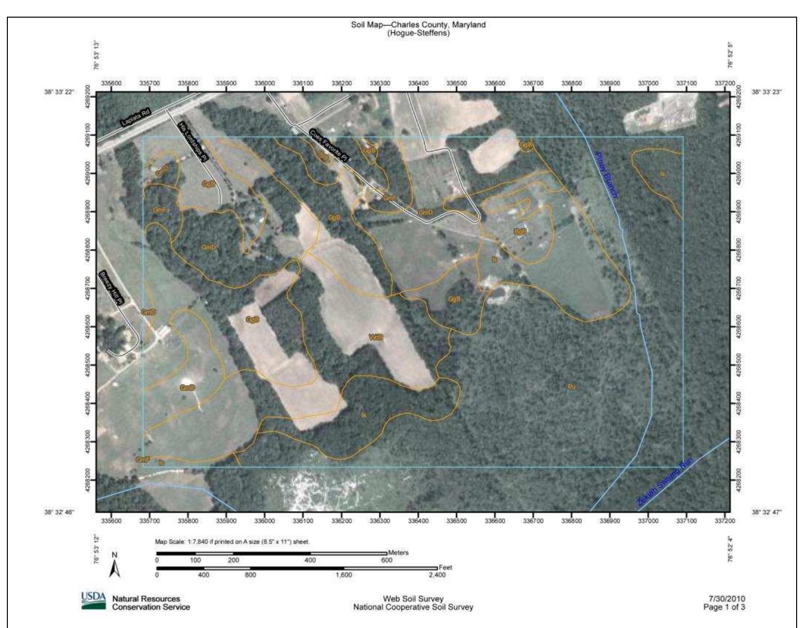 Figure 24. View of fields along Piney Branch, Hogue property.  Figure 25. Soil types at the Steffens and Hogue properties; BgB: Beltsville-Grosstown-W oodstown complex, 0 to 5 percent slopes; GgB: Grosstown gravelly silt loam, 2 to 5 percent slopes; GmD: Grosstown-Marr-Hoghole complex, 5 to 15 percent slopes; GmF: Grosstown-Marr-Hoghole complex, 15 to 40 percent slopes; Is: Issue silt loam, occasionally flooded; Pu: Potobac-Issue complex, frequently flooded; WdB: Woodstown sandy loam, 2 to 5 percent slopes. 