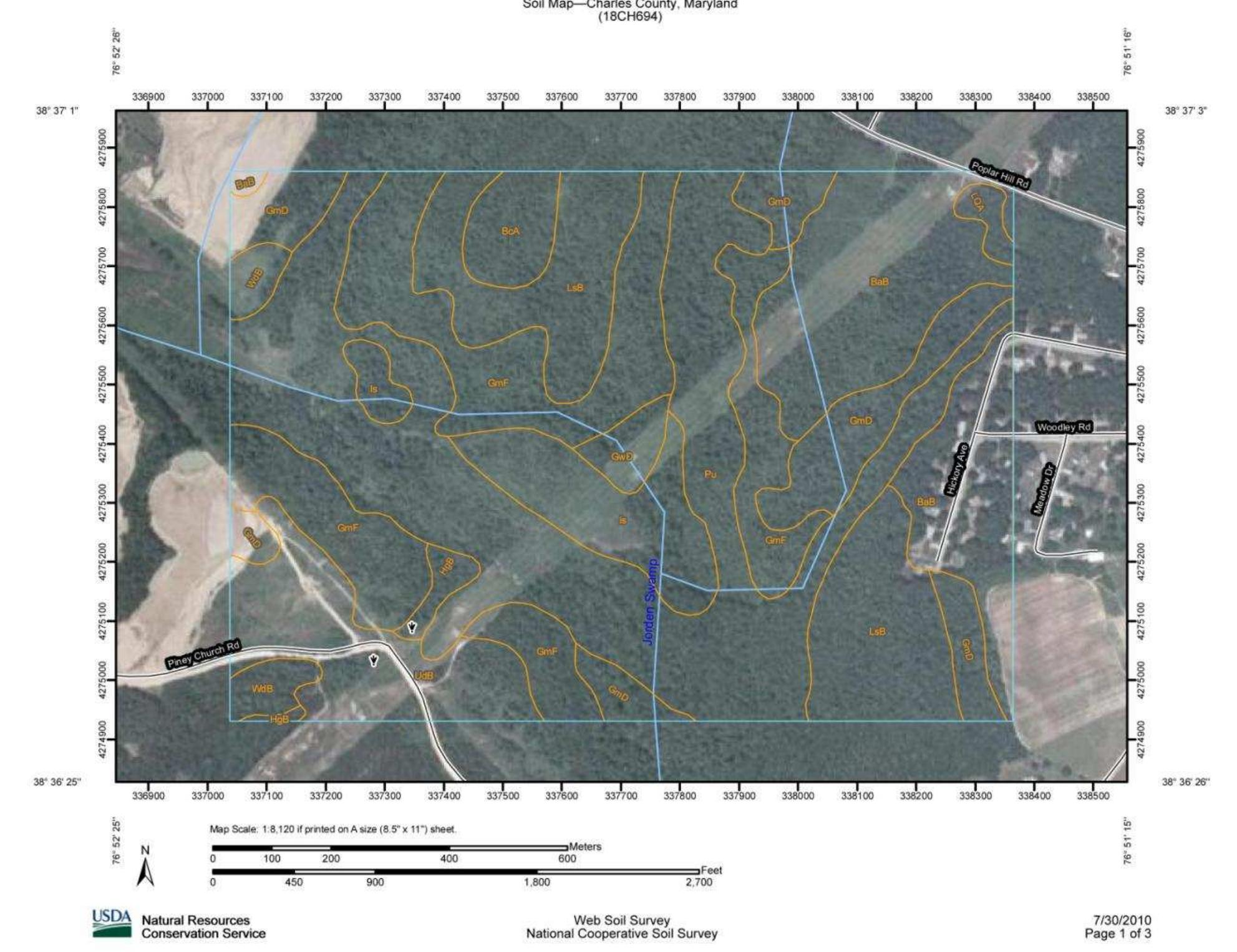Figure 31. Soil types at the St. Peter’s Catholic Church Property/Jordan Swamp I; BaB: Beltsville silt loam, 2 to 5 percent slopes; BcA: Beltsville-A quasco complex, 0 to 2 percent slopes; GmD: Grosstown-Marr-Hoghole complex, 5 to 15 percent slopes; GmF: Grosstown-Marr-Hoghole complex, 15 to 40 percent slopes; GwD: Grosstown- Woodstown-Beltsville complex, 5 to 15 percent slopes; HgB: Hoghole-Grosstown complex, 0 to 5 percent slopes; Is: Issue silt loam, occasionally flooded; LQA: Lenni and Quindocqua soils, 0 to 2 percent slopes; LsB: Liverpool silt loam, 2 to 5 percent slopes; Pu: Potobac-Issue complex, frequently flooded; UdB: Udorthents, loamy, 0 to 5 percent slopes; WdB: Woodstown sandy loam, 2 to 5 percent slopes. 