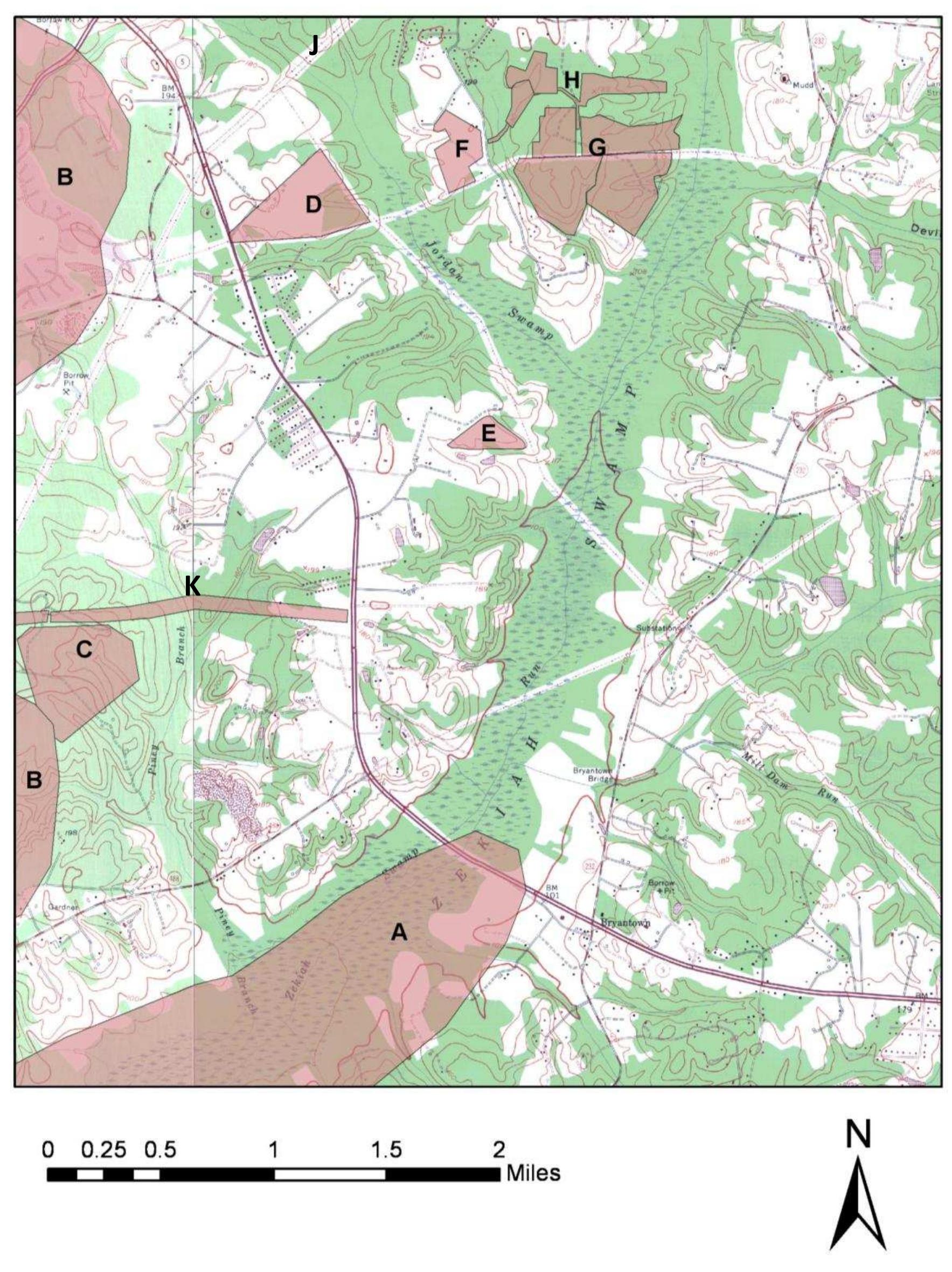 Figure 32. Areas of previous archaeological survey in the project area; A: Hickey (1970); B: Marshall (1976): C: LeeDecker and Wuebber1988a; D: Ballweber (1990); E: Ballweber (1997); F, G, H: Hopkins (2006, 2007), Wall and Kollman (2007), Wall and Schmidt (2008), Wall, Schmidt, and Kollman (2007a, b); J: Barse, Eichinger, and Scheerer (2000); K: Billingsley Road (just north of C): LeeDecker and Wuebber (1988b). 