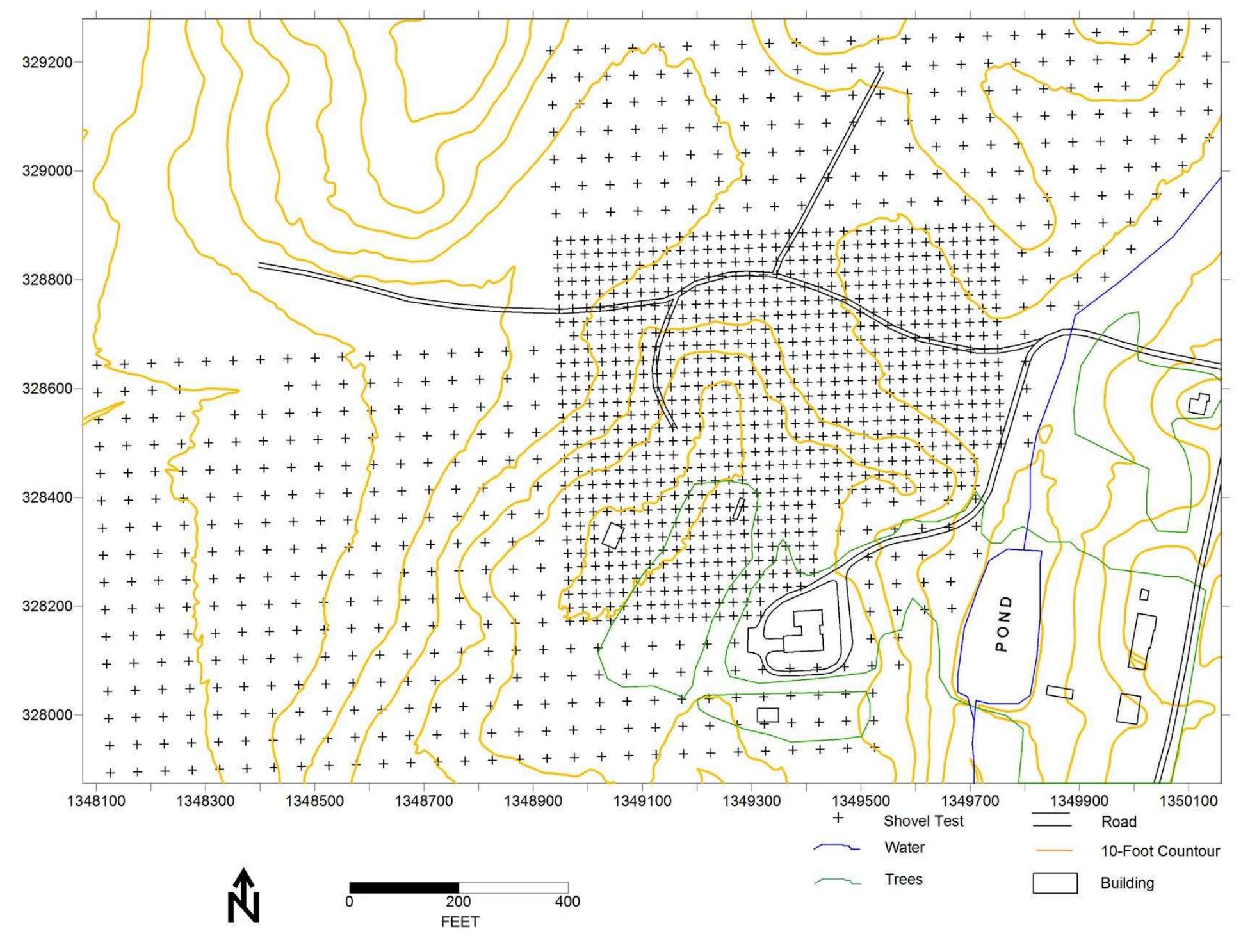Figure 36. Location of shovel tests at the Windy Knolls property. 
