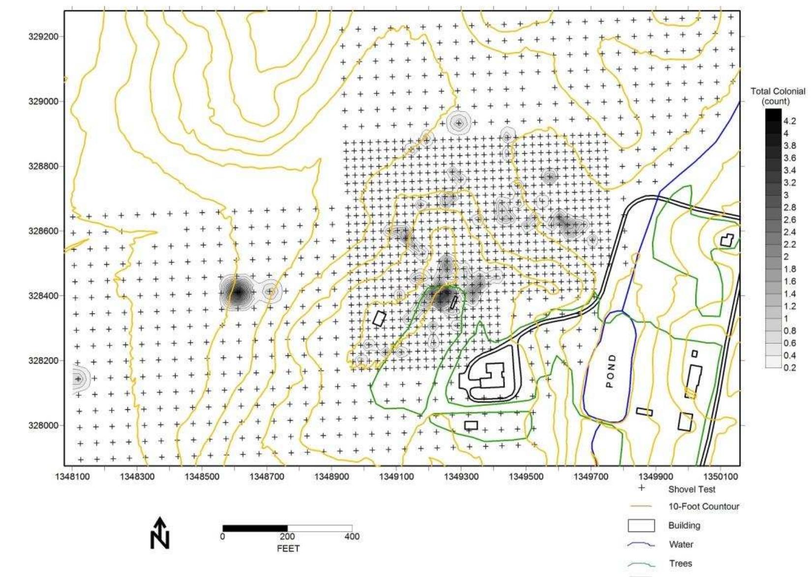 Figure 45. Distribution of colonial artifacts from shovel tests, Windy Knolls property. 