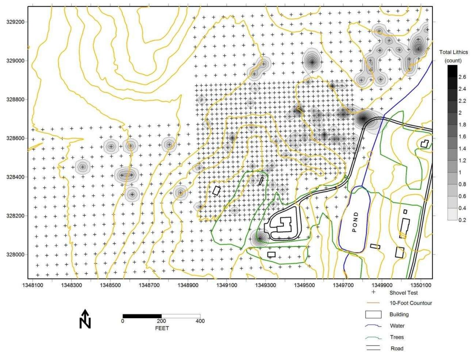 Figure 44. Distribution of lithics from shovel tests, Windy Knolls property. 