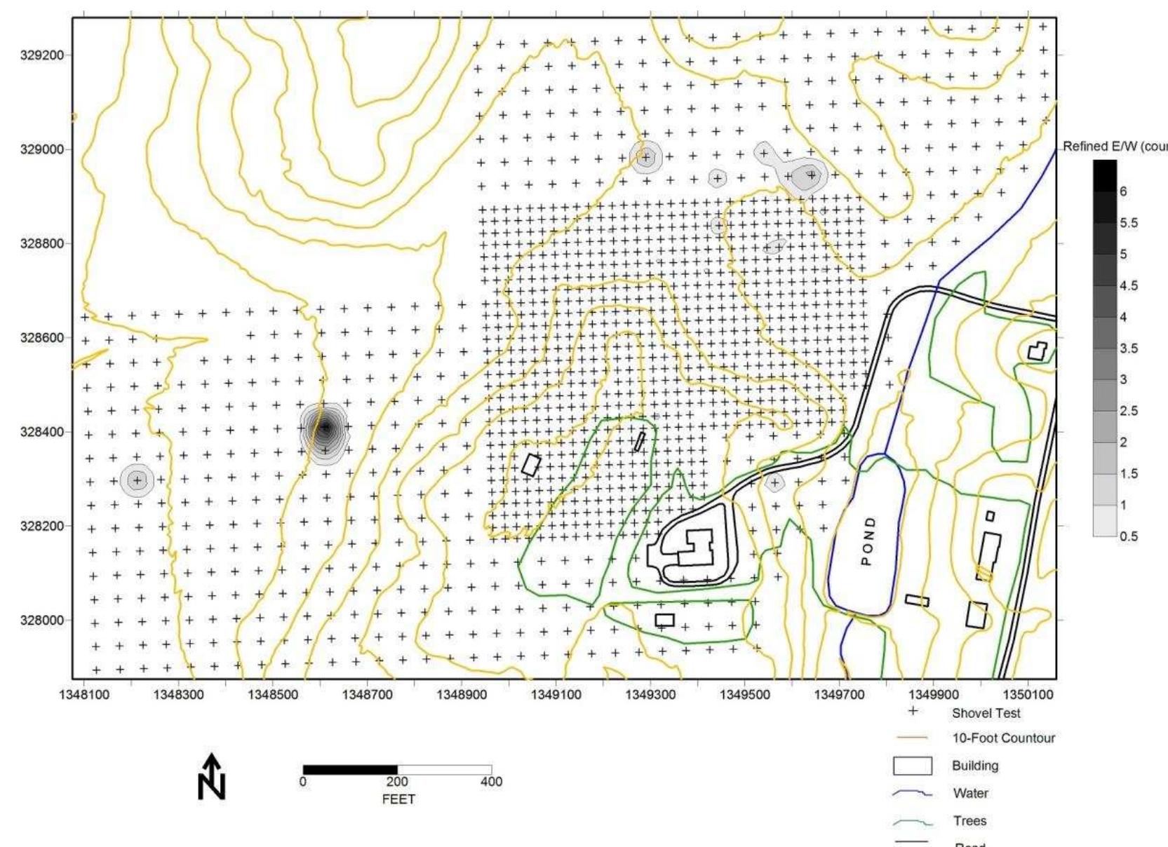 Figure 46. Distribution of refined earthenwares from shovel tests, Windy Knolls property. 