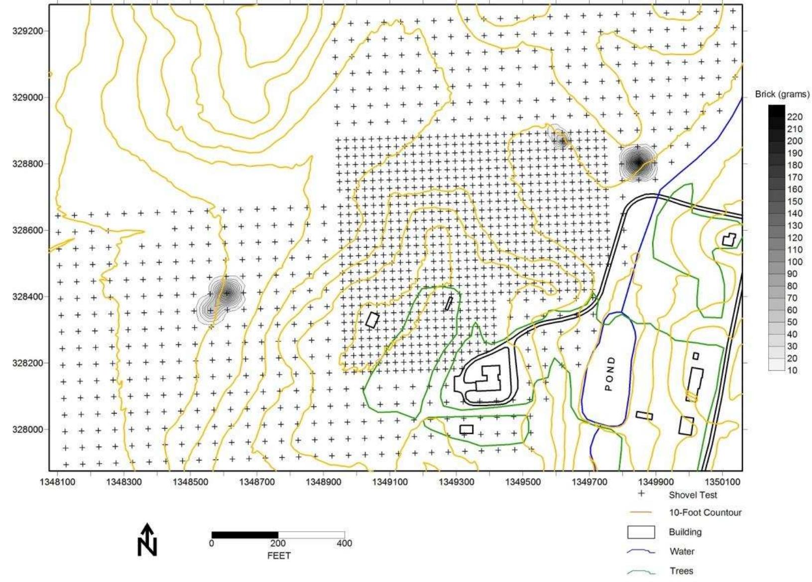 Figure 47. Distribution of brick from shovel tests, Windy Knolls property. 