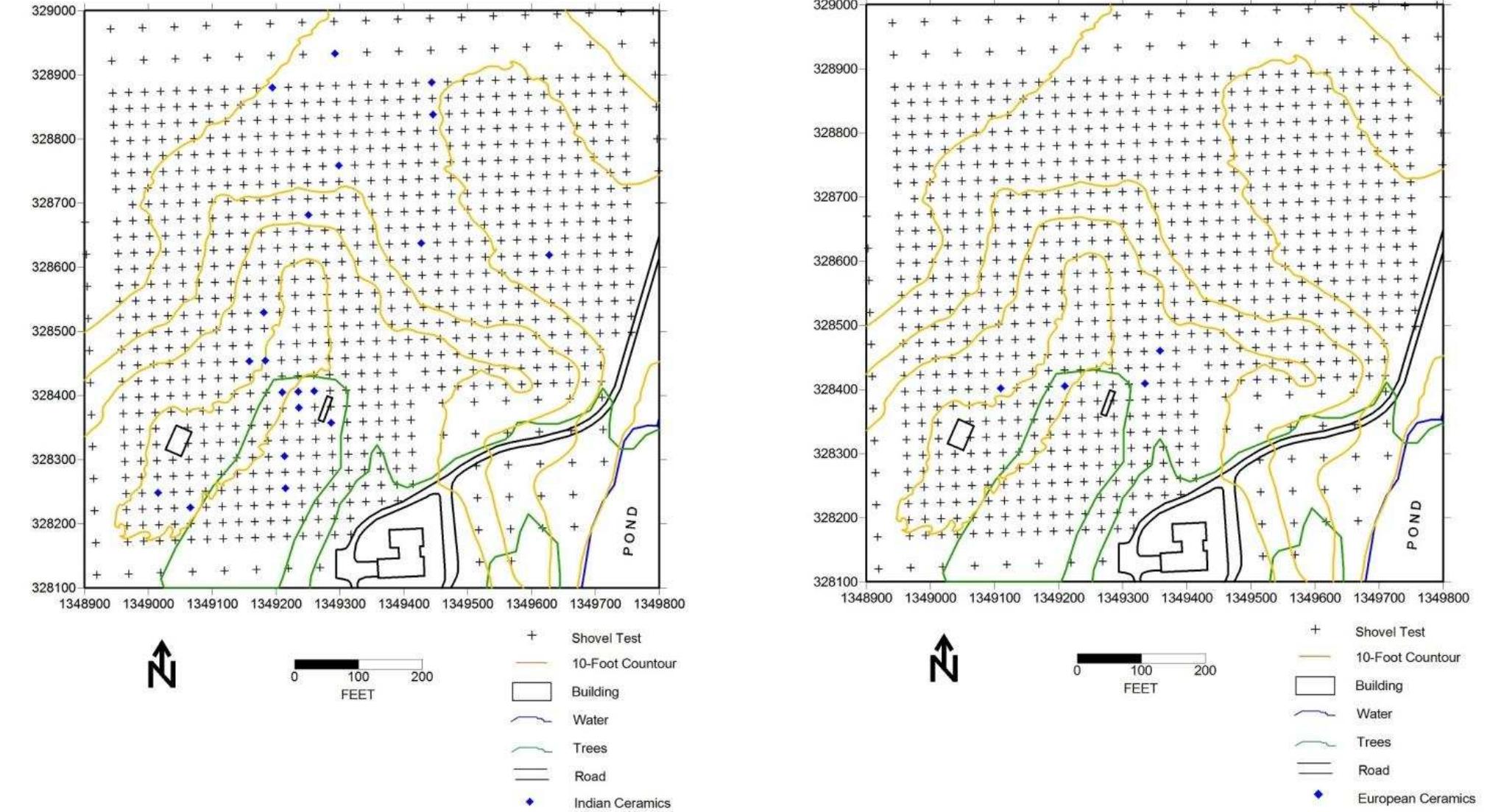 Figure 50. Distributions of Native and colonial ceramics from shovel tests, Windy Knolls I. 