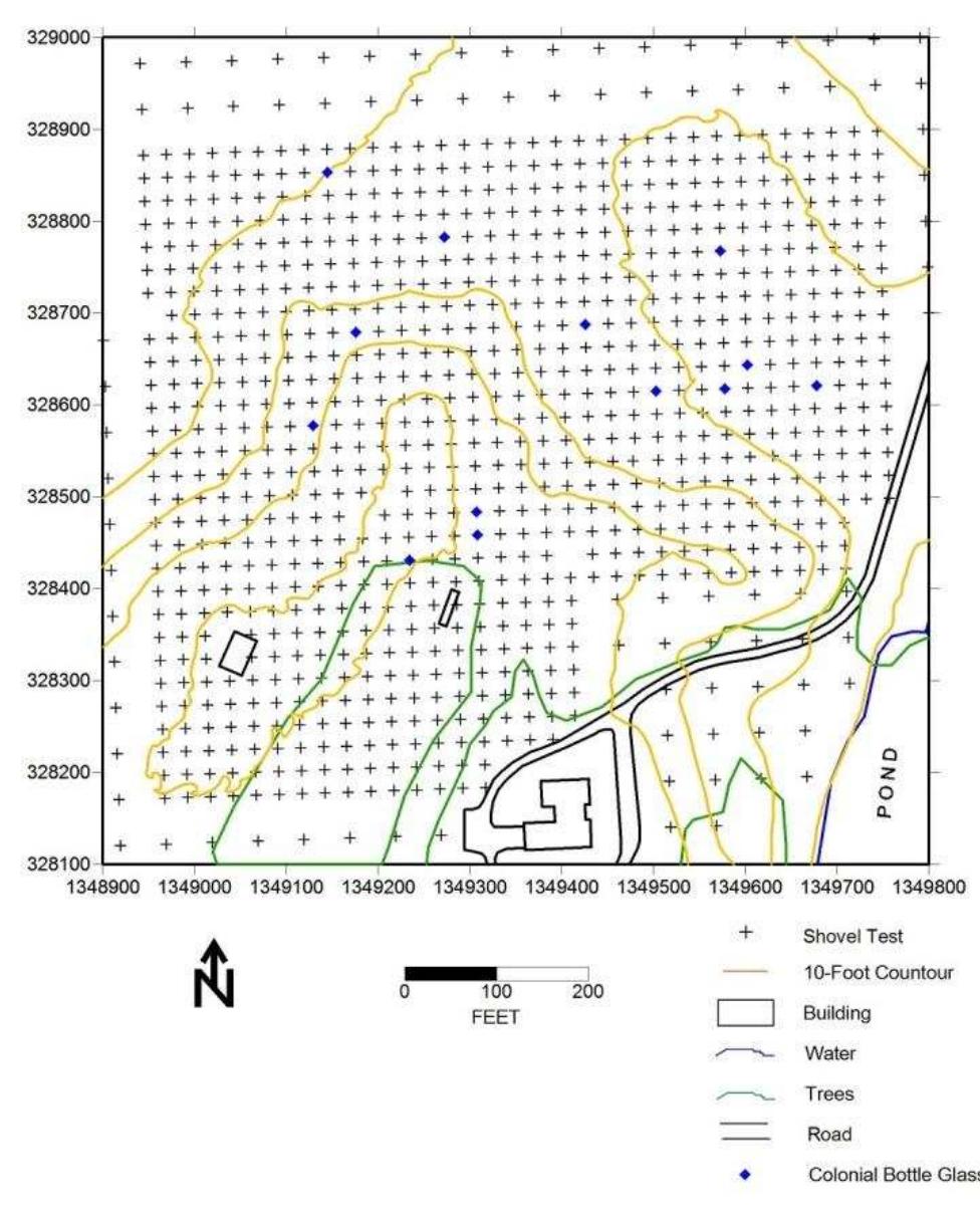 Figure 52. Distribution of colonial bottle glass from shovel tests, Windy Knolls I.  Figure 51. Distributions of red and white tobacco pipes from shovel tests, Windy Knolls I. 