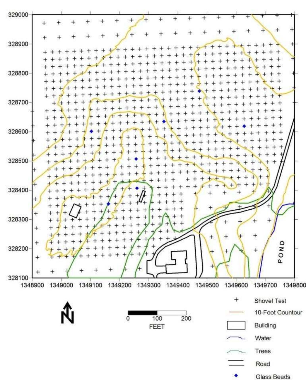 Figure 53. Distribution of glass beads from shovel tests, Windy Knolls I. 