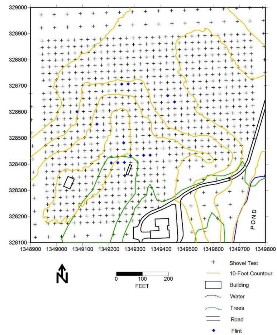 Figure 54. Distribution of European flint from shovel tests, Windy Knolls I. 