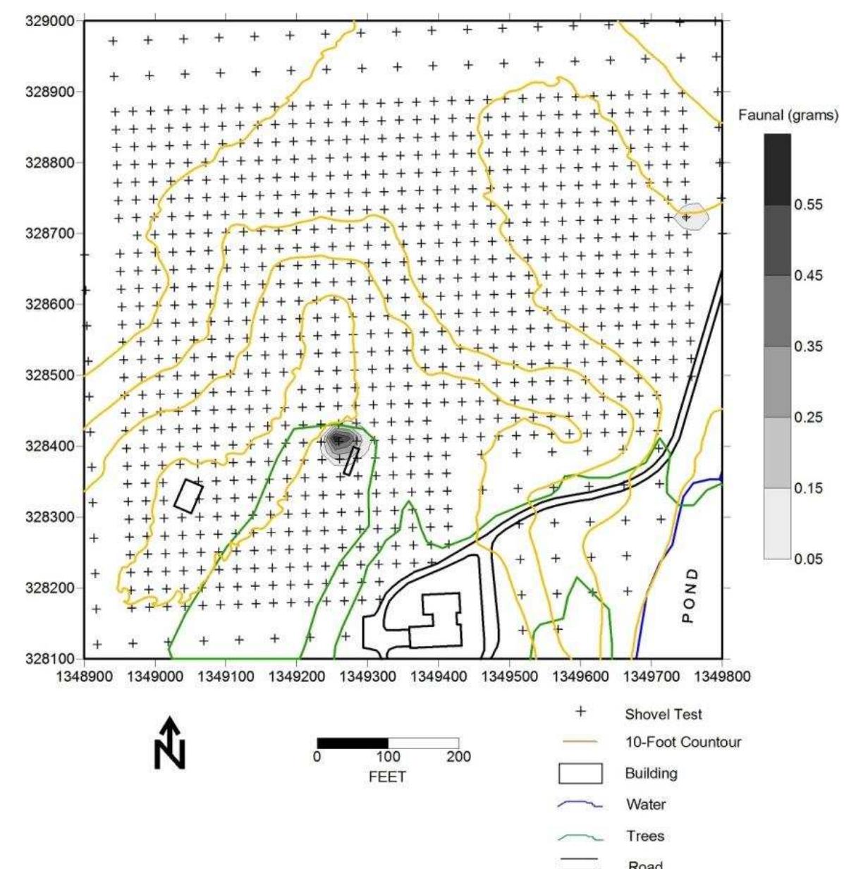 Figure 55. Distribution of animal bone fragments from shovel tests, Windy Knolls I. 