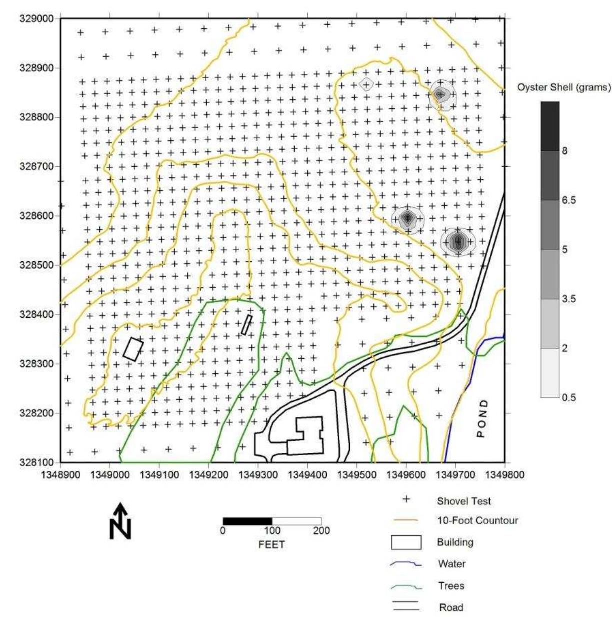 Figure 56. Distribution of oyster shell fragments from shovel tests, Windy Knolls I. 
