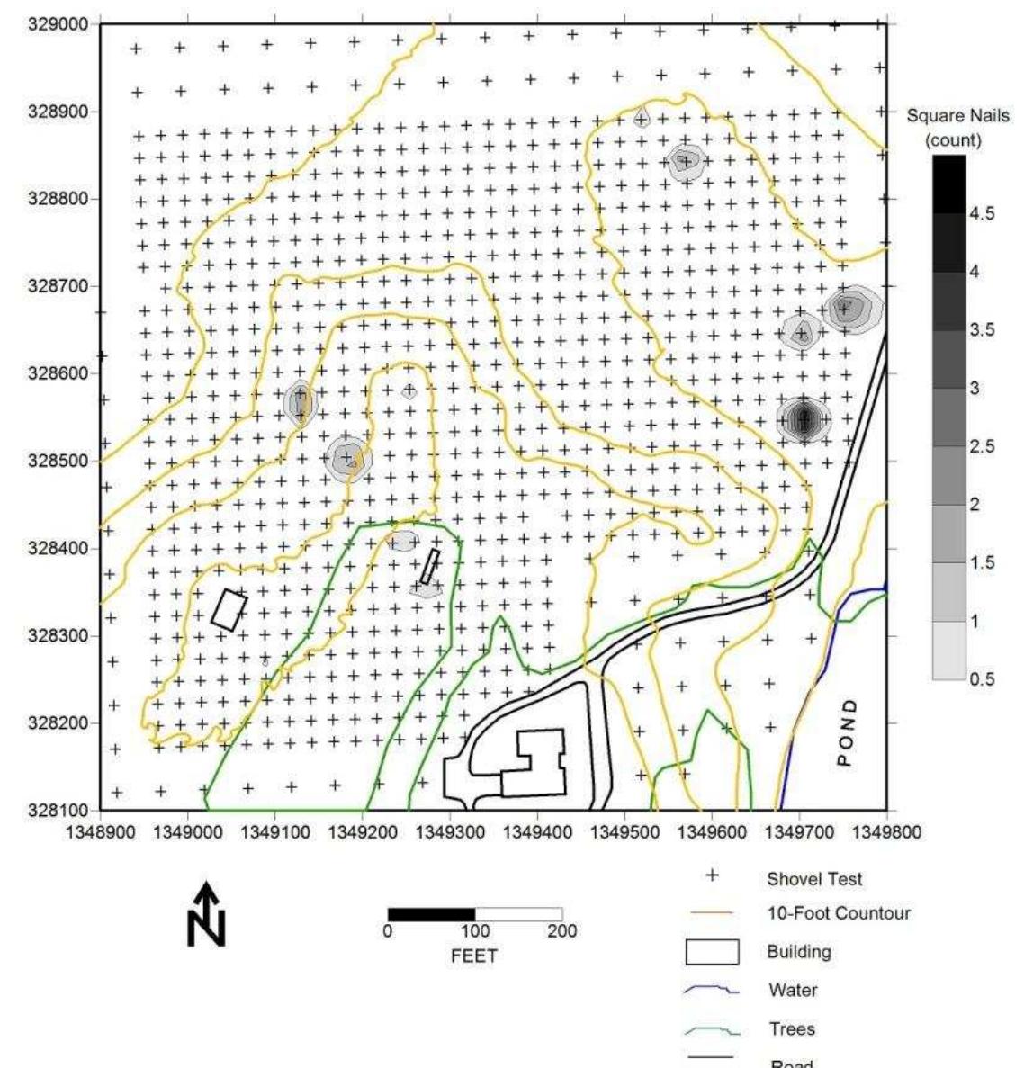 Figure 57. Distribution of square iron nail fragments from shovel tests, Windy Knolls I. 