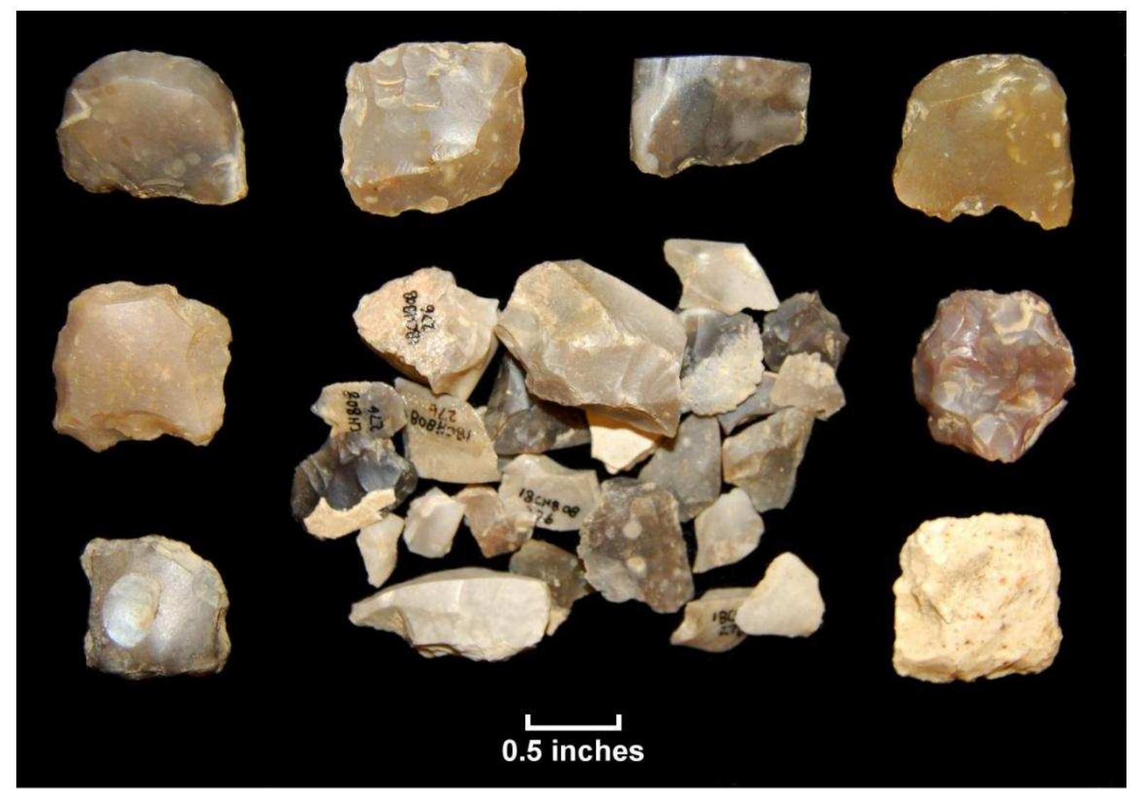Figure 68. Gunflints and debitage from test units, Windy Knolls I; the specimen in the lower right hand corner is of non-local Native chert; all other specimens in this figure are believed to be of European flint. 