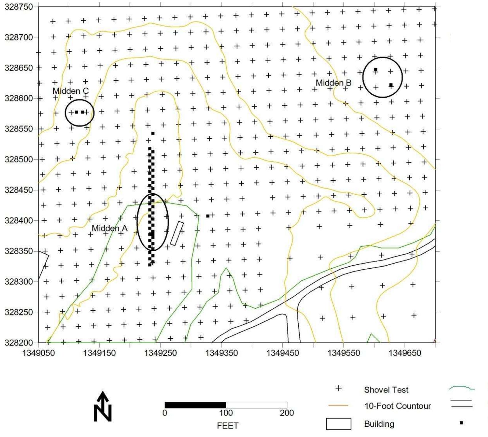 Figure 97. Midden areas selected for further analysis, Windy Knolls I. 