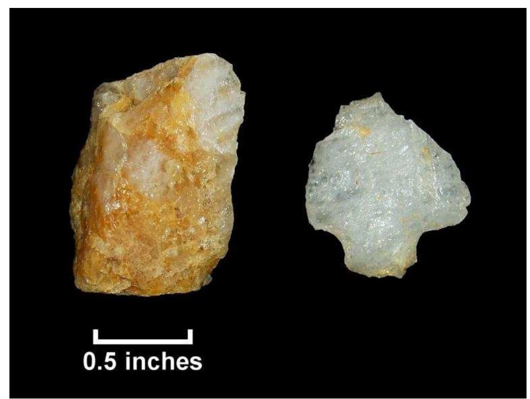 Figure 98. Stone tools recovered from shovel tests, Steffens property; left: quartz biface (Lot 118); right: quartz projectile point base (Lot 14). 