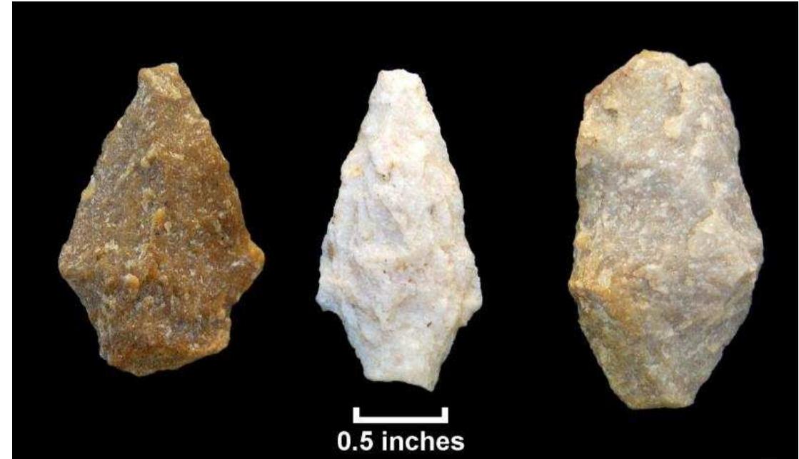 Figure 100. Quartzite tools and points recovered from shovel tests, Hogue property; l-r: possible Broad Spear type (Lot 15fA)- Rare Tsland ar small Savannah River (T.at 14:7). hiface 