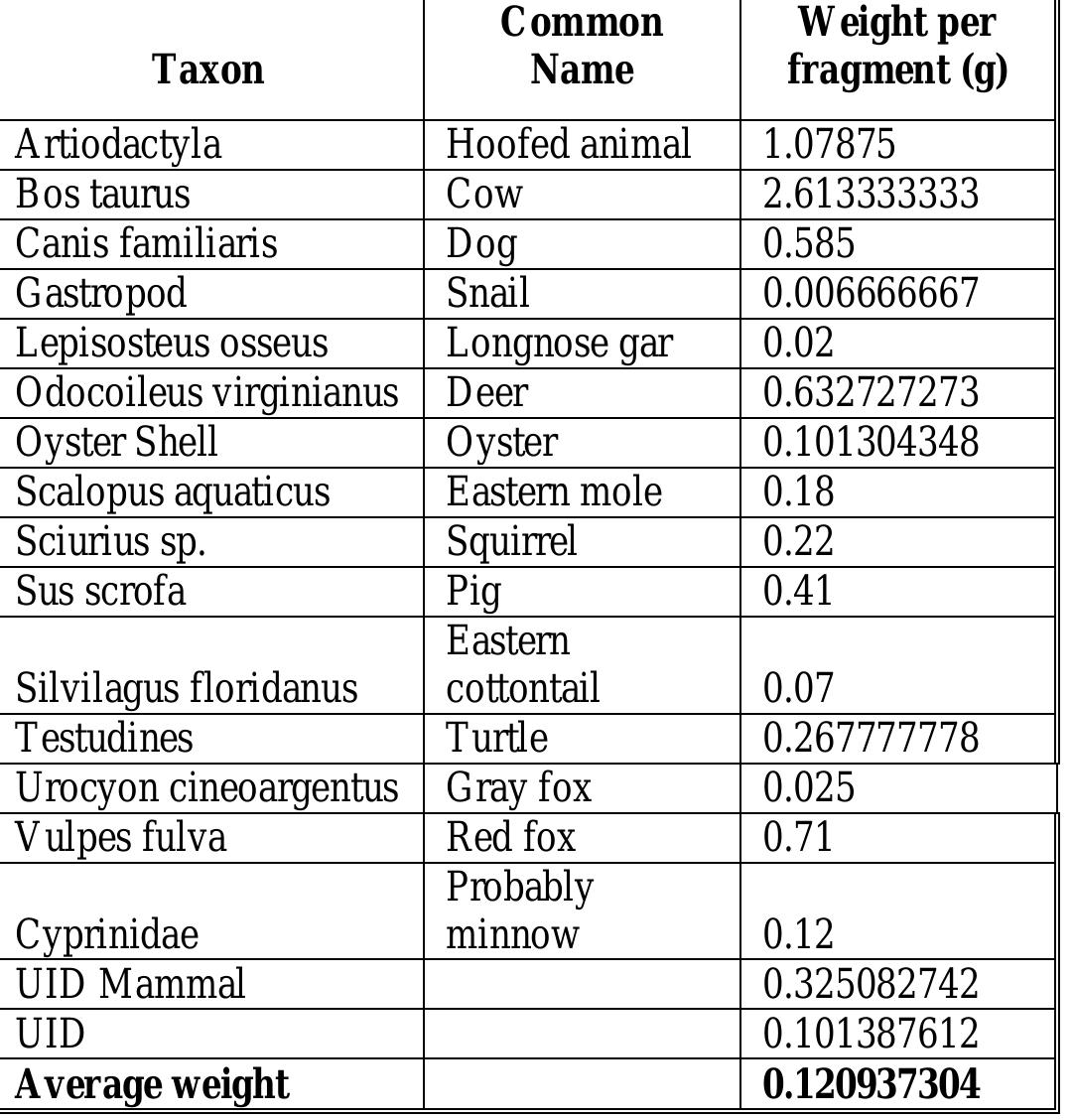 Table 21. Average weight per bone fragment based on taxon, Windy Knolls I.  Another process affecting the assemblage is plowing. The greatest impact plowing has on bone preservation as well as on artifacts of all kinds is in its fragmentation. In general, assemblages from plow zone contexts tend to be highly fragmented with a high number of unidentifiable bones (Lyman and 
