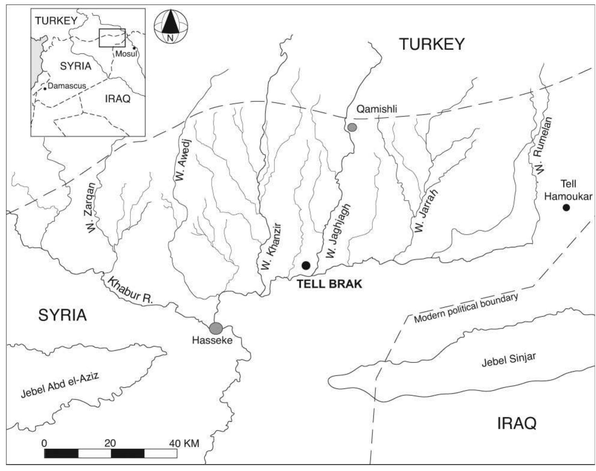 Figure 1 Map of northeast Syria with locations of Tell Brak and Tell Hamoukar indicated. 