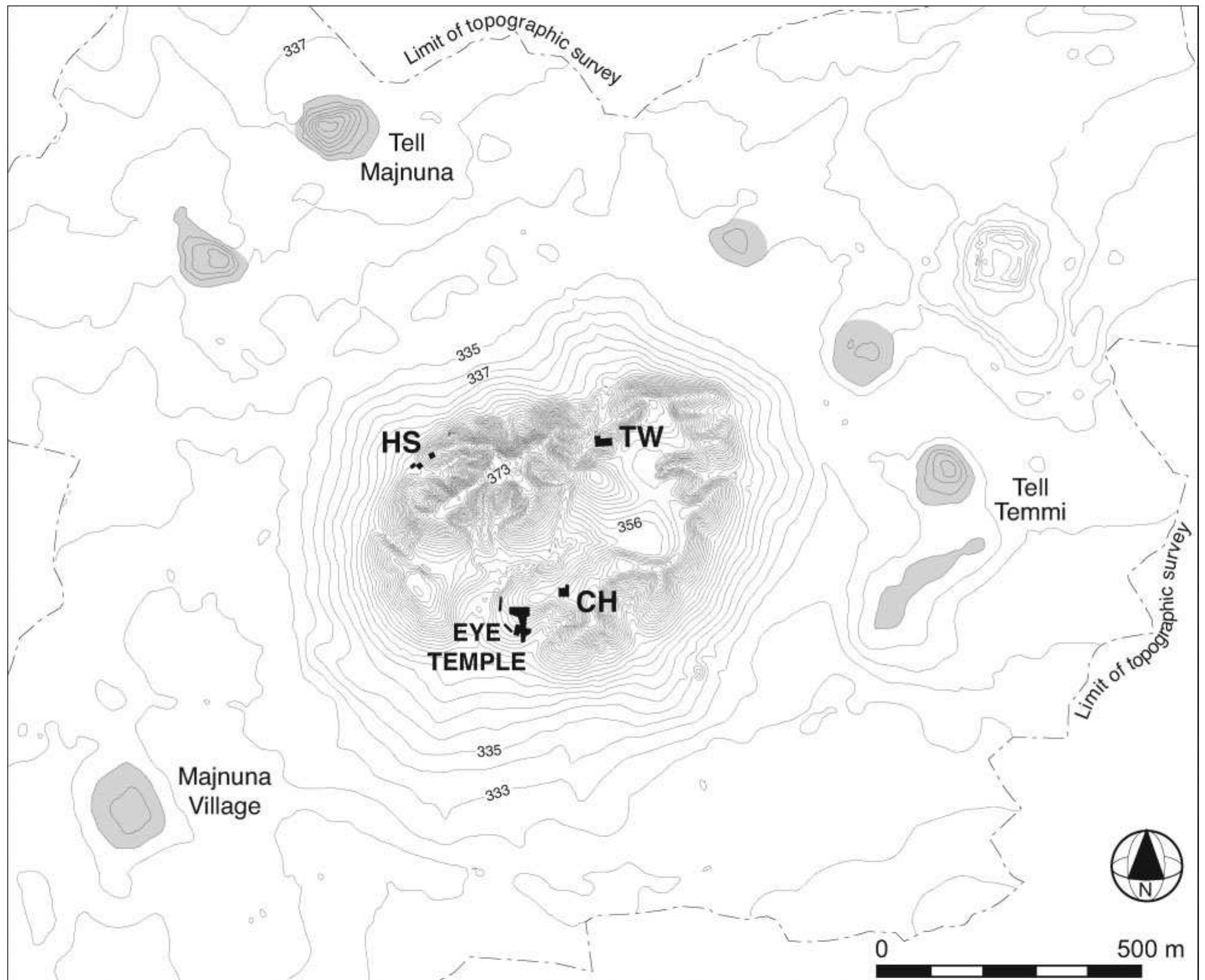Figure 2. Topographic plan of Tell Brak and its ring of surrounding sub-mounds (shaded grey), with areas of excavated 4th millennium B.c. occupation on the central mound indicated (1 m contours).  Tell Brak is one of the largest ancient sites in northern Mesopotamia, with a height of more than 40 m and a horizontal extent of ca. 130 ha. Brak’s location within the rainfall agriculture zone and its strategic placement on trade-routes that criss-crossed the region contributed to its size and its long and complex occupational history. The central mound dates from at least the Neolithic (7th millennium B.c. or earlier) through the Middle Assyrian period (later 2nd millennium B.c.); the Outer Town saw variable occupation from the 4th millennium B.c. through the Abbasid period (FIGS. 2, 3) (Ur et al. in press). The site experienced episodes of expansion and contraction linked to regional climatic and political changes and at times was less than 20 ha, in the Old Babylonian  The Late Chalcolithic levels of the central mound at Brak are sealed by large-scale 3rd millennium B.c. constructions. Deep excavations in selected locations have, however, shown that the central mound was probably fully occupied during the entire 4th millennium B.c., with a range of public buildings, houses, and industrial areas. The Eye Temple at the mound’s southern edge (FIG. 2), excavated by Mallowan in 1937-1938, is traditionally dated to just 
