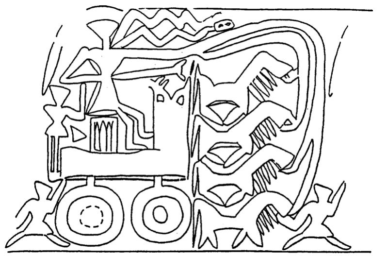 Figure 1. Four-wheeled battle-wagon, drawn by a team of  kunga equids, design on a third-millennium seal; seal ht 3.4cm (drawing by H. McDonald). 