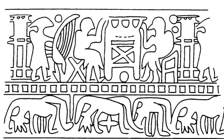 Figure 8. Reconstructed seal impression, showing a procession of spiky-haired acrobats bent over backwards. From deposits associated with the Area SS building, Tell Brak (drawing by H. McDonald). 