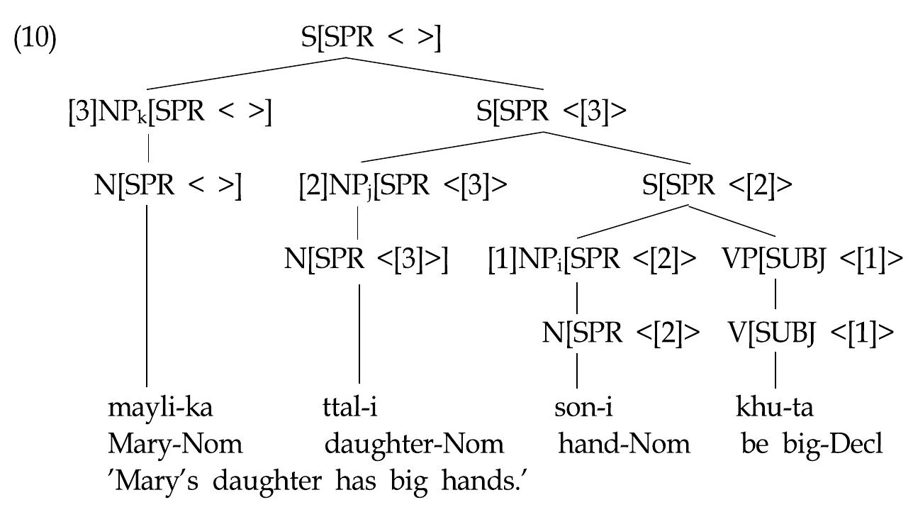 The nominative NP sar-/is licensed by the predicate Afuita as its subject, which is represented by the SUBJ feature. On the other hand, the next nominative NP ¢ta/-i is licensed by the noun san as its specifier, and the NP amuyli-ka by the noun ftal Please note that the feature SPR carries the information about the specifier. B-Y Park (2001: 175) assumes that the NP ¢ta/-/ is the subject of the clausal predicate [son-i kuhta] and the NP zayli-ka is the subject of | ¢tal-i son-i khutal.  Let us examine B-S Park’s (2001: 182) analysis in a little more detail and see how it works: 
