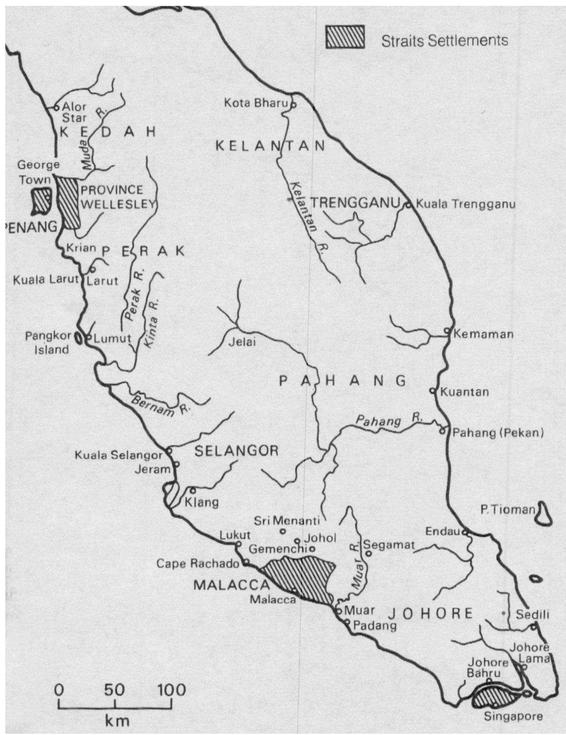 Map 1 The Straits Settlements and the Malay Peninsula in 1867, in C.M. Turnbull, A History of Singapore 1819-1988, 2nd ed. (Singapore: Oxford University Press, 1992), 77. 