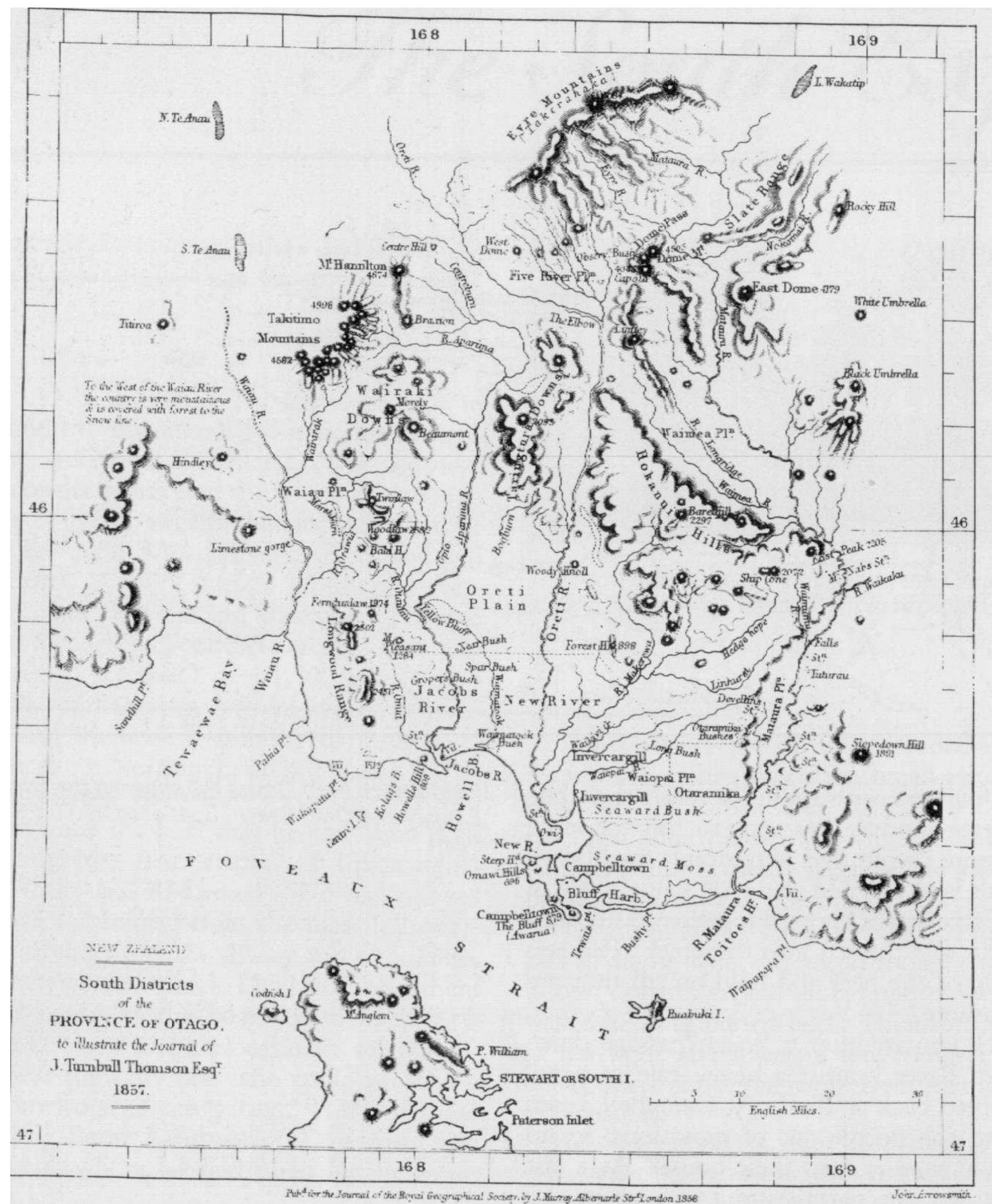 Map 3 John Turnbull Thomson, South Districts of the Province of Otago, to illustrate the Journal of J. Turnbull Thomson Esq. 1857, in John Hall-Jones, John Turnbull Thomson: First Surveyor-General of New Zealand (Dunedin: John Mclindoe, 1992), 44. 