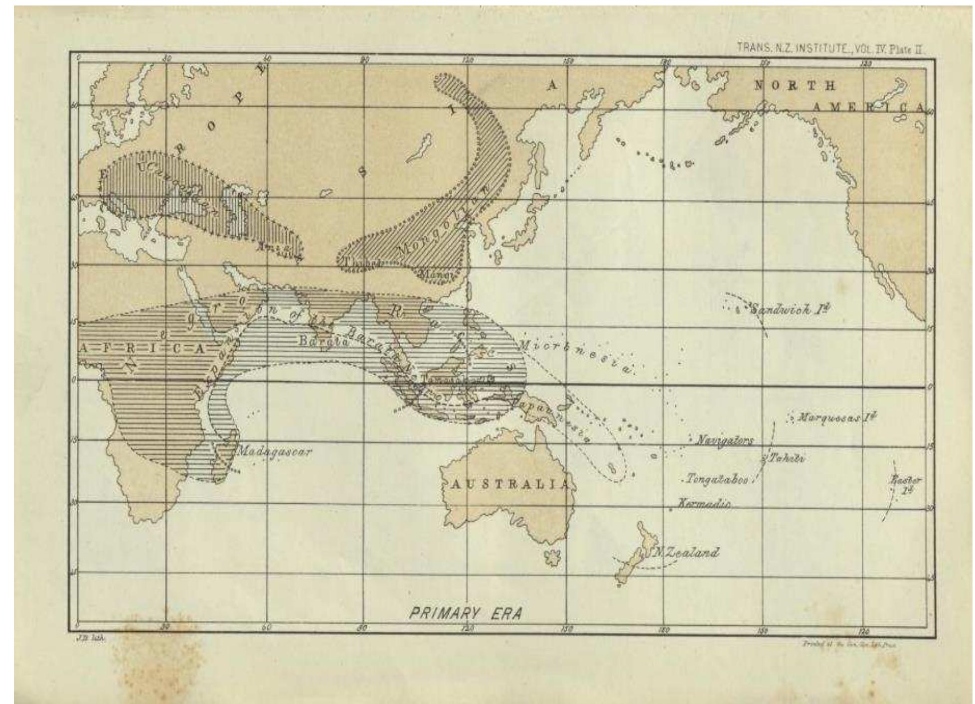 Map 6 John Turnbull Thomson, Primary Era, in Thomson, Plate Il, “Ethnographical Considerations on the Whence of the Maori,” Transactions and Proceedings of the New Zealand Institute 4 (1871). 