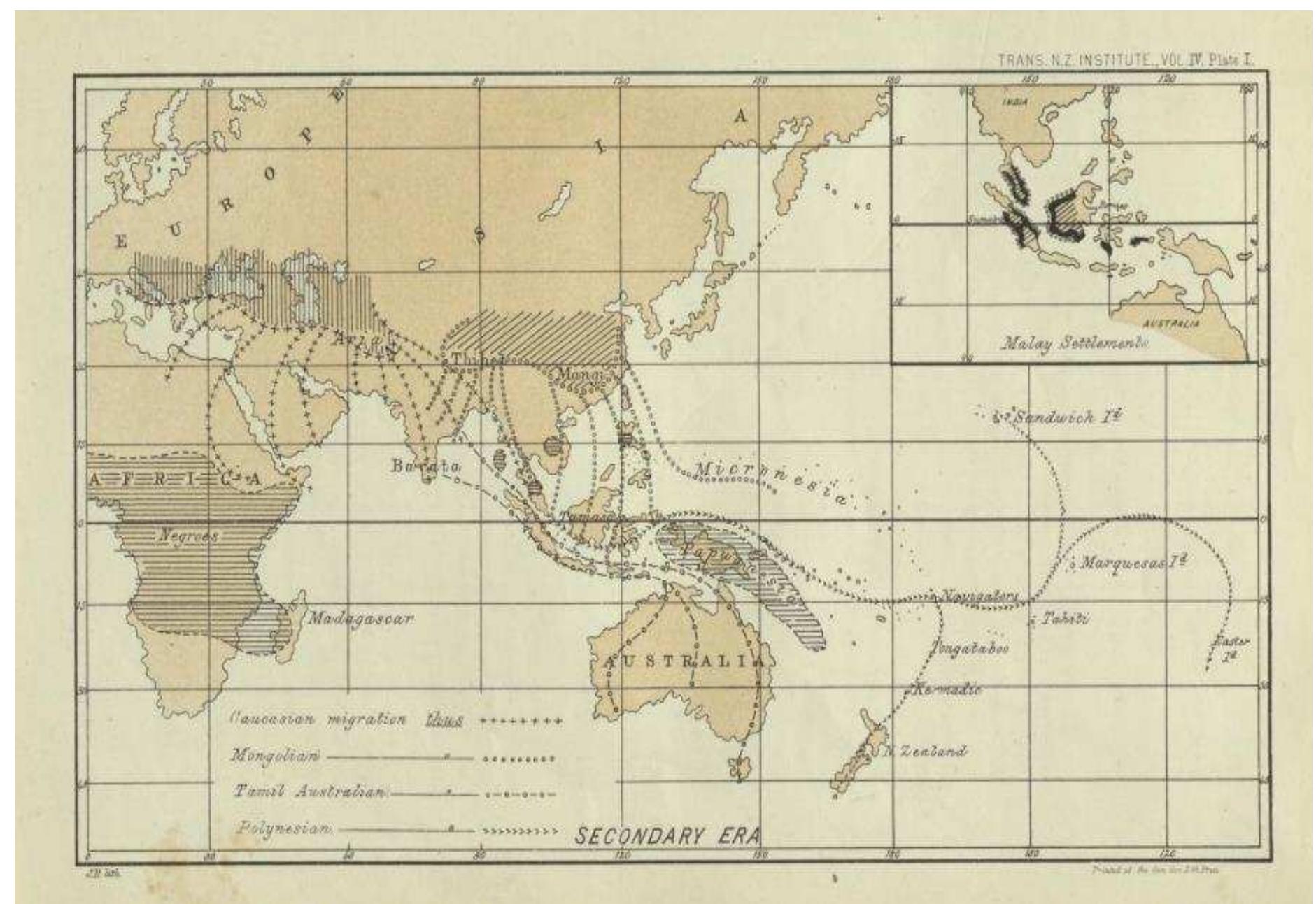 Map 7 John Turnbull Thomson, Secondary Era, in Thomson, Plate I, “Ethnographical Considerations on the Whence of the Maori,” Transactions and Proceedings of the New Zealand Institute 4 (1871). 