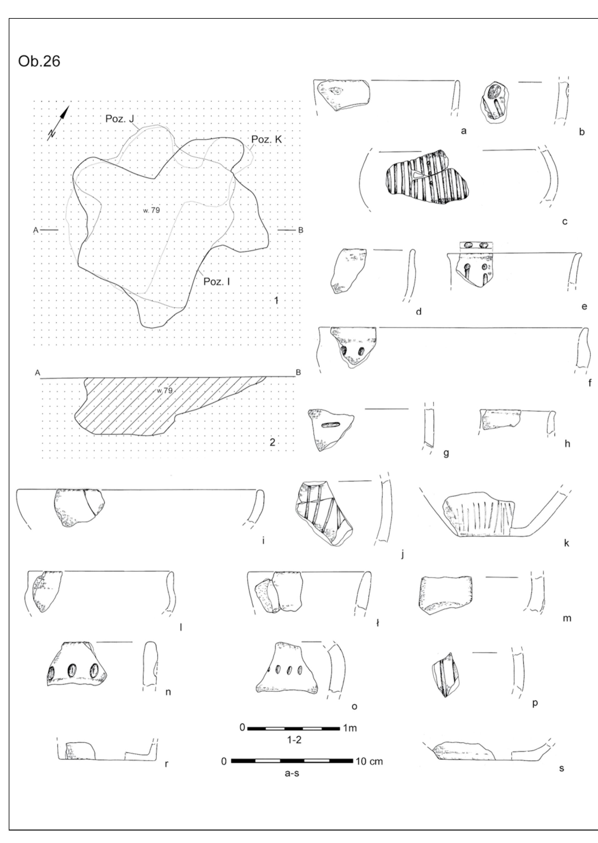 Fig. 6. Krak6w-Biezanow, site 8. Baden culture — plan and profile of feature 26 as well as its inventory: a-s — earthenwar: Marta Kaflinska, Irena Wojcik, Damian Stefanski