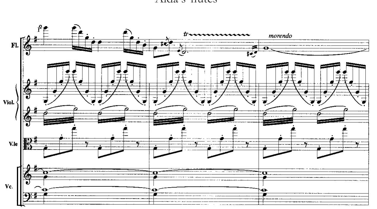 flute-like harmonic, the flute’s vocal exercises and the sung invocation return simultaneously, as sonic traces of a transcendental beyond.  muiltaneously, as sonic traces or a transcendental beyond.  There is, however, a material remnant. After the incantation, Aida’s identifyin: 1eme sounds for the first time in the three flutes, over a soft countermelody in thi iolas and an ethereally high G in the violin (see Ex. 3). The strings’ accompanimen /a diaphanous veil that softens the theme’s previous suggestion of physicality Yespite this musical overlay, the listener obeys a Pavlovian reflex. Acts I and I hav ined us to hear the music—the painful chromatic ascents, the sighs —as : -presentation of emotional and bodily trauma. In the third act, one still hears th sychosomatic knots but sees nobody. The notion that embodied sound now exist etached from its original source is purposefully underscored in the autograph scor there Aida is directed to enter only towards the end of the restatement of he 1eme. She should begin her slow entrance only with the cello’s first E, and advance owly to the centre stage over the next three bars.°? Thus, the music comes first anc 1e heroine’s body eventually appears, too late to seem other than mute. Aida’ iusic, liberated from its earlier physical source, acquires a new-found freedom. Bu 1e state of disembodiment has troublesome acoustic consequences, resulting it ome perplexing sonic debris. The melody, now a free floating object, progressiveh »ses formal coherence. It breaks into fragments, repeated echoes that peter off ir  lonely low E, an acoustic signal that dissipates in the night. The forma e-composition recalls the dance in Act I, reminding the listener of other immobil odies, briefly animated by music, and of the perils of musical autonomy. Aida’ lusic is an object that simply will not hold together in a state of disembodiment hus, it literally falls apart before our ears, slipping down under into the orchestra’ rimordial resonance. 
