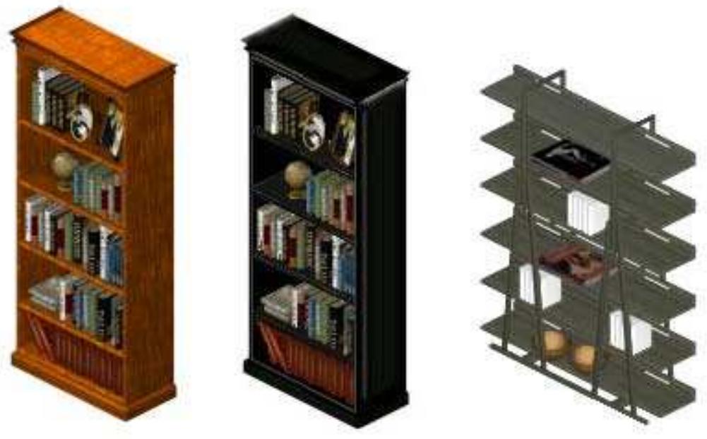 Figure 6 — Left: Original Maxis bookcase. Centre: Black recolour of the Maxis bookcase (jessmasjus, CTO Sims). Right: Complete, structural modification of a Maxis bookcase using the original as a base (simtonic, CTO Sims). 