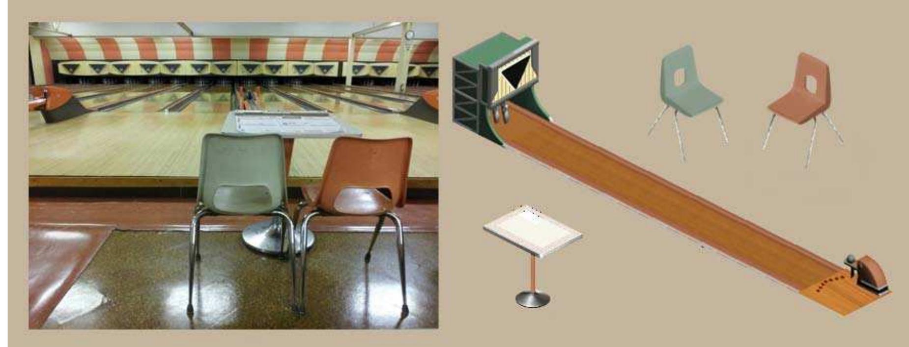 Figure 7 — Left: One of the original images posted as an example in the Retro Bowling Alley thread. Right: Some of the objects created for the resulting project. 