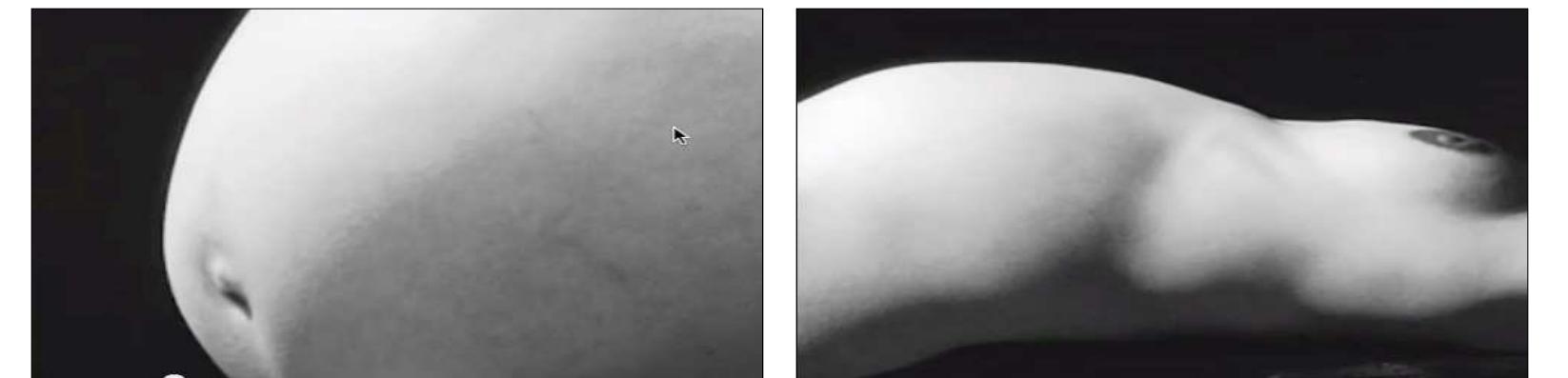 Varda’s camera further insists on this precarious dichotomy, on this play of light and dark that is taken up by Varda’s body and the void surrounding it, by honing in on the filmmaker’s pregnant form as it fills the frame like a giant moon (see fig. 7). On its subtle topography, we can discern a delicate mapping of veins and blood vessels beneath the goose bumps on her sk ssj in. Our tactile eye follows its round contours, and dips into the shadow created by the navel. From this close proximity, the belly loses its context and the spectator is left to grope around the image—the more it is abstracted, the more our eye clings to it, attempting to identify it, maybe even to identify with it, and find meaning therein.  TAT®S 11. 2lL.. eek CLL Lg wk OF lei ee? nee tee Sk Ce ee? et ee dt DCU LL Ce LL LL. J. 2. J FO 