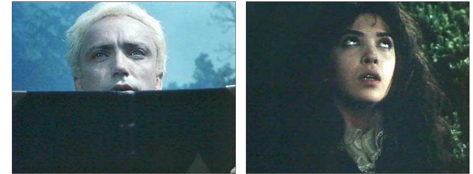 visions of the task he has to fulfill, namely a kind of poetic eugenics unifying science and poetry. At the dawn of the First World War, Zedlitz, being jealous of his wife because of her attachment to her childhood love, kills Psyche in an apparent accident.  The film displays corporeality on both thematic/diegetic and metadiscursive/non- diegetic levels. On a thematic (diegetic) level, the eponymous protagonists embody the (also Cartesian) association of the soul/spirit with masculinity and the body with feminity, Narcissus representing the enlightened spirit believing in the power of reason and intellectual creation, the lonely artist model, enclosed in self-worship and artistic ivory tower, and Psyche, also an artist, but standing for another type of creativity, the self-accomplishment primarily through female instincts and the art of life. They embody opposing (but also complementary) values such as art vs. life, artifice vs. nature, the body as socio-cultural artifact vs. the “manifestation or externalization of what is private, psychological and ‘deep’ in the individual” (Grosz 115). Ungvarnemeti is preoccupied with writing and then putting on stage his Narcissus-tragedy; he is presented in relation with his text, visually expressed by half of his face covered by the book from which he reads aloud in an artificially modulated voice. Narcissus’ gaze is oriented by the book, he is prone to get separated from life and embodies the illusory immateriality of the enlightened subject, normative prescriptions and conceptual ideologies, as suggested by his pre-fascist, life-regulating views in the third part of the film. Psyche, on the contrary, creates and lives spontaneously, embodying down-to- earth creativity, the non-normative, unharnessable female entity. Her face, with the inscription of bodily pleasure and pain, gets transcended, becomes immaterial in its most profound materiality. [Figs. 2-3.] 