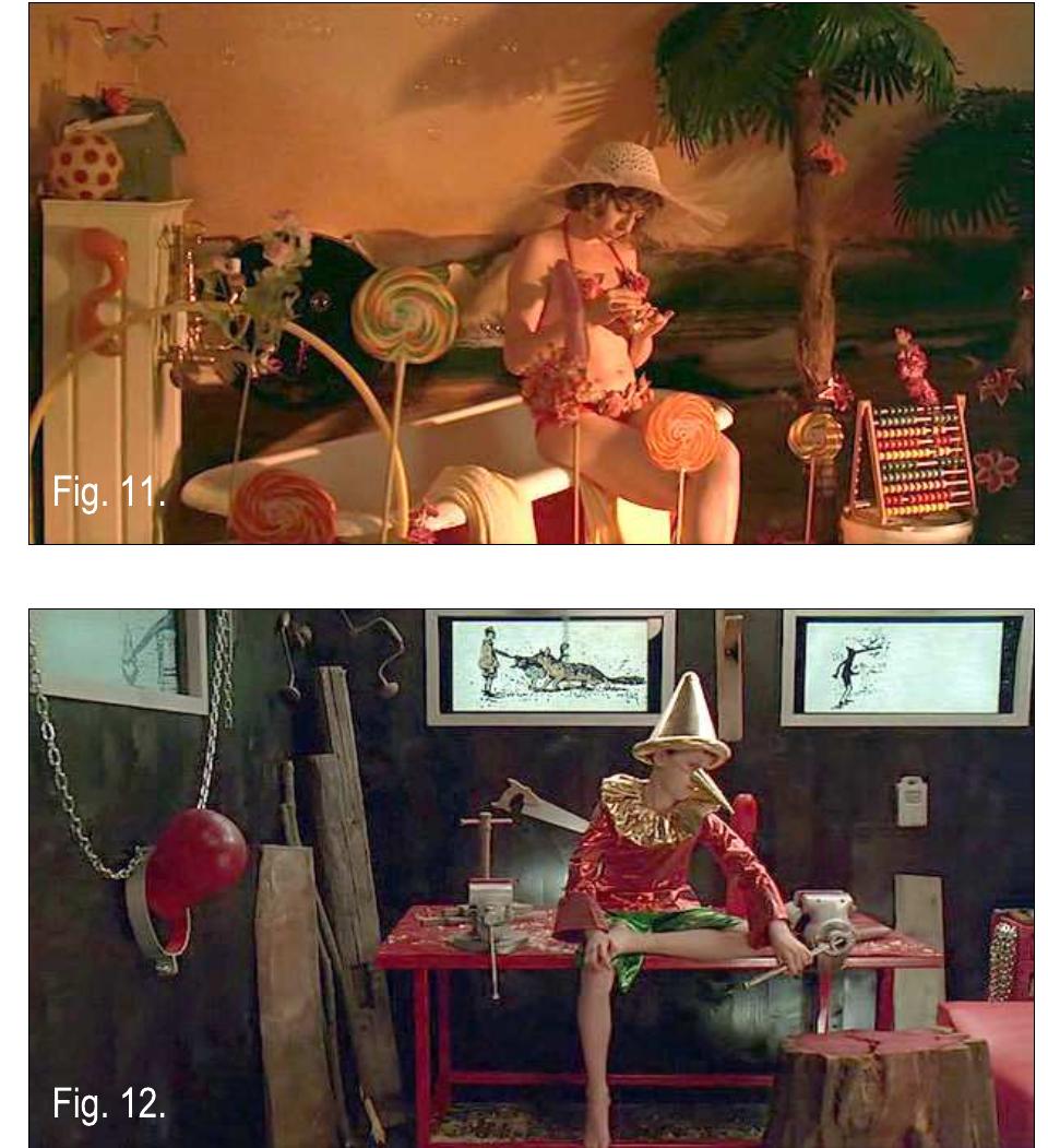 cultural practices of expropriating or reifying social, gendered and ethnic difference. Moreover, the sexual role plays in the brothel might expose social life itself as being simulated and enacted in roles and power relations that often remain invisible, unre- flected, taken for granted. The bodies framed and trapped within “living pictures”, texts and pre-formed roles raise not only the question of intermediality but also that of social, economic and cultural inequalities manifest in instrumentalizing the Other’s body (female, Eastern European, foreign, infant), and in depriving the subject of agen- cy and voice by turning it into an echo-chamber of mechanically repeated texts.  In the brothel Mona, who is now addressing a diegetic camera (Pascal, the owner of the brothel takes photos of her) is pictured as a hybrid, exotic Joan of Arc. She has to perform the role of rejecting to take off men’s clothes and withdraw her statements, being punished for her apparent “resistance” by rape. Her direct look into the camera is different from the one at the beginning of the film. This look is multiply mediated and “directed” towards the photo camera: she is forced into an image that later proves to be uncontainable, resisting the reifying, commodifying gaze. Her body is exoticized, “otherized” by the expropriation of the iconographic codes of icons or religious representations and the images of tribal cultures combined with contemporary military accessories. (Fig. 13.) The body is overwritten by most heterogeneous cultural codes and fantasies of male sexuality and dominance. The image of this body discloses the way the racial, the ethnic and the gendered Other is represented and exoticized within 