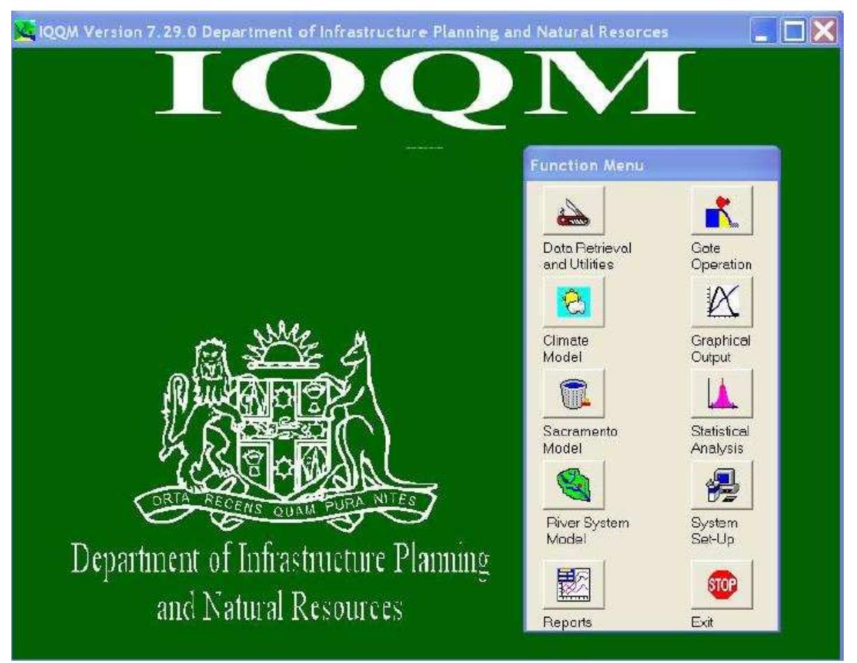 MARLEY EE RE OU hah  Actually major processes are as follws: i.) system inflows and flow routing, ii.) on- and off-river reservoir modelling, iii.) harmony rules for reservoir operation , iv.) crop water demands, orders and diversions, v.) town water and other demands,vi.) hydro power modelling, vii.) effluent outflow and irrigation channels so in this case study of X ekong basin, it has some types of nodes to use such as Tributary Inflow(1.0), Demand with fixed environment (3.1 ), Unregulated irrigator(8.3), Pumped inflow/Retum flow(1.2 ), Simulated flow(0.0) , Confluence /juntion(11 )and it use for hydropower nodes such as Headwater storage(2.1) and Power station (9.5). The model applies hydrologic flow routing for the simulation of the different ranges of flow conditions. There are a variety of options available to model the different operating procedures of both on- and off-river storages. IQQM can be configured for systems operating single or multiple reservoirs functioning in series or parallel.   Figure 3-9 IQQM Main function window 