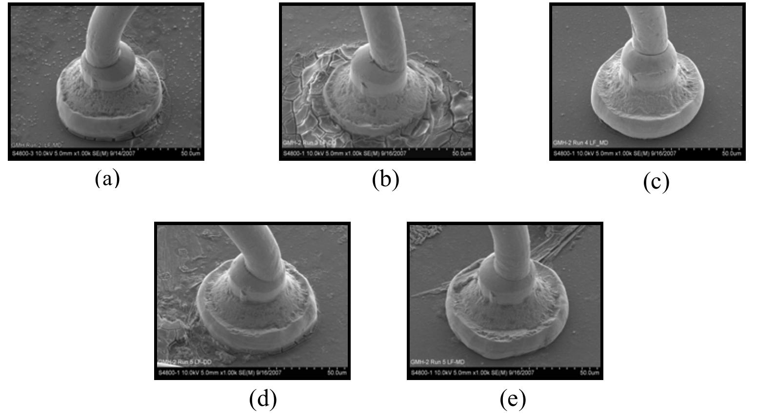 Figure 6: Ball formation from side view for wire B.  The bonding load obviously affects the bond shape through visual analysis as shown in Figure 6. From above findings, ball bond shape formed is not much different between both types A and B gold wires. Ball bond becomes critically smashed and the thickness is slightly lower. After review another 4 cases, ball bond shape for case 3 showed perfect and smooth surface but others are in control. Figure 6 shows the increase in USG current usually will increase the bonded ball diameter, lowers its thickness and may cause unacceptable squash which had been discussed above. The difference is caused by the different assembly machines and process condition used [7]. 