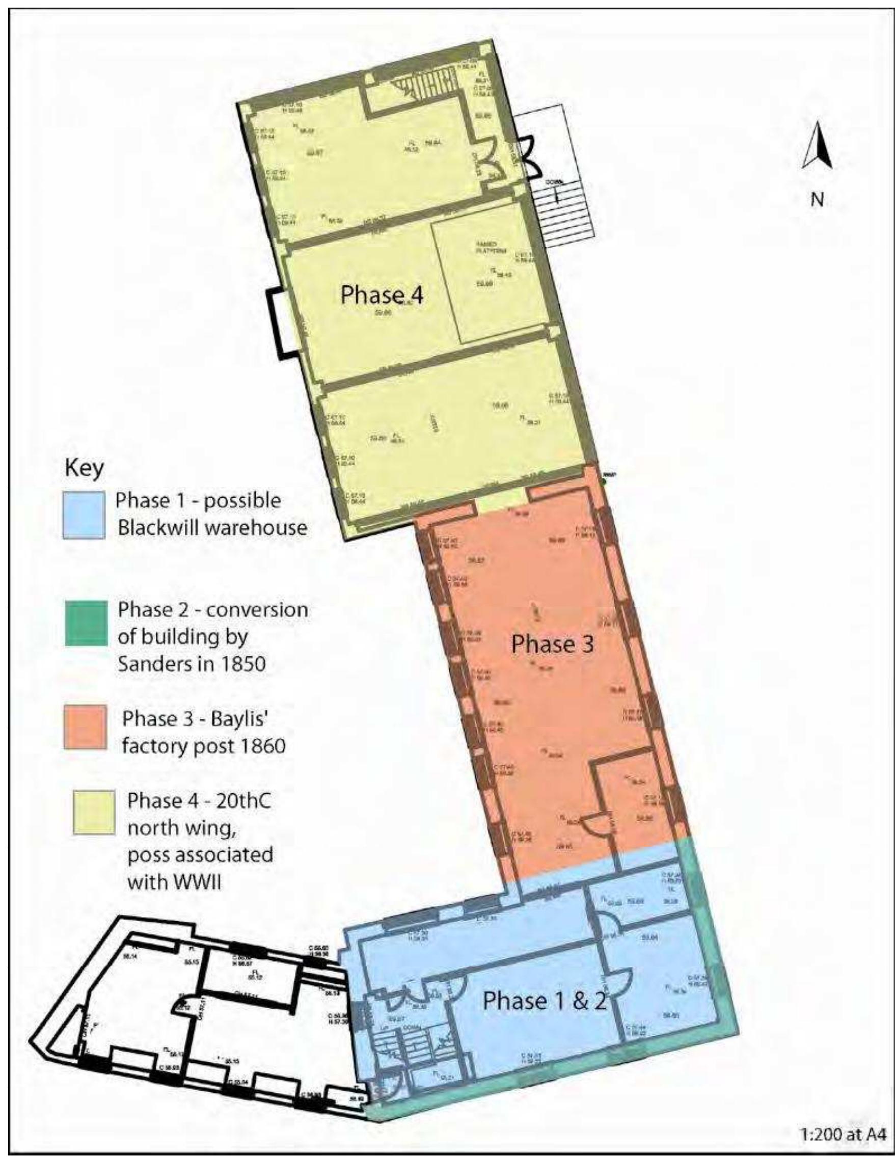 First Floor Factory Phased first floor plan of the glove factory.