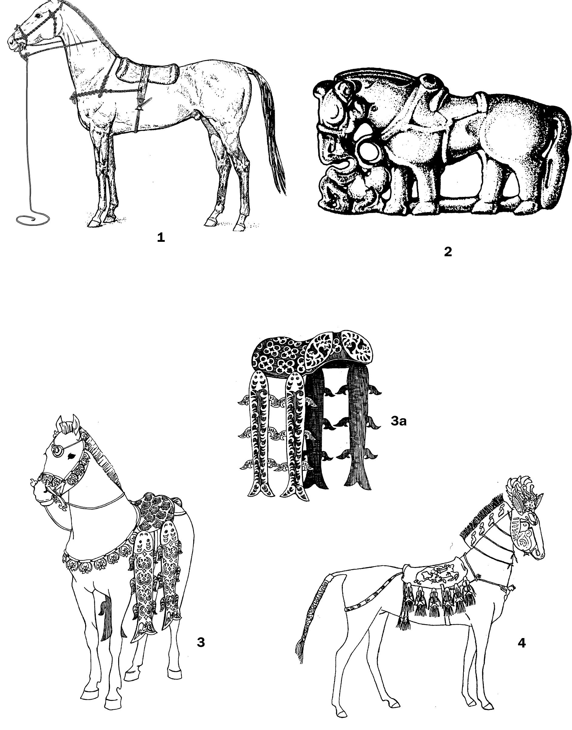 Puc. 65. CHaps>KeHve BepxoBoli Jlowwag Ha Avitae B KoHue VII-IV Bs. Wo H. 9.: 1 — pekoHcTpyKyua  cOpyu u3 paHHecKudcKoi Morusbl 32 B PunéBo-10; 2 — u3s06paxkeHve NoWagu Ha MoscHOM mya-  CTHHE M3 KypraHa cepequHEt VI B. Wo H. 9. Cu6upKa-1; 3, 3a — peKOHCTpyKUMA CHapsPKeHMA JIOLIa- au u3 Ax-Anaxu-1; 4 — peKoHCcTpyKUMa CHaps»KeHuA JoWagu 43 Ia3pippiKa-1. 